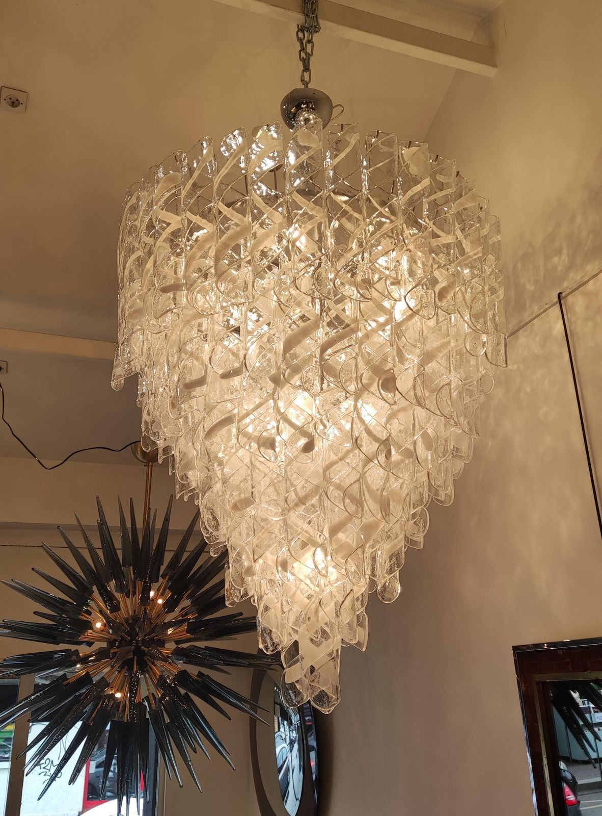 photo for sale Murano Glass Chandelier Chrome And Glass Pendants