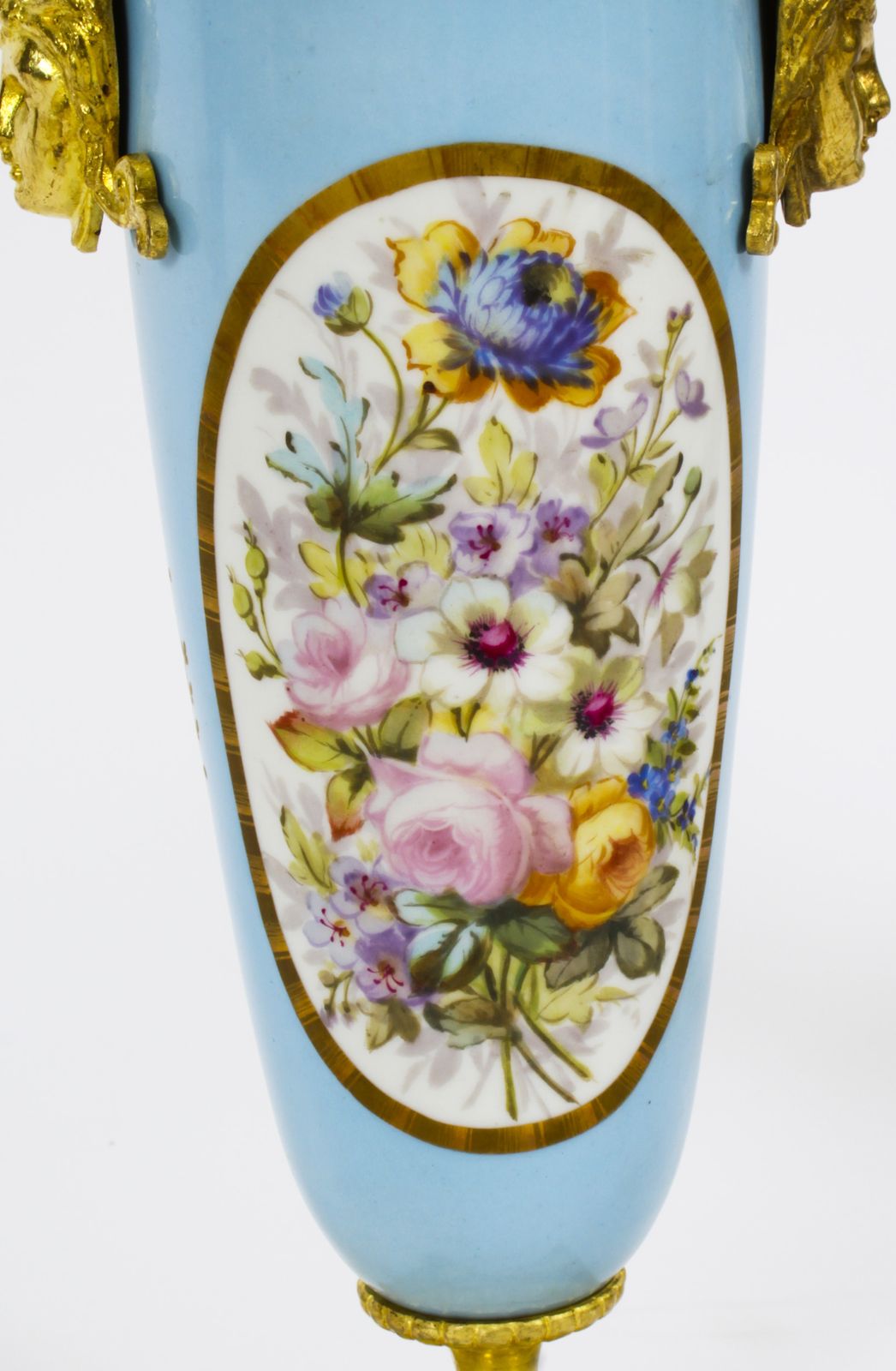 photo for sale Antique Pair French Duck Egg Bleu Sevres Urns 19th C