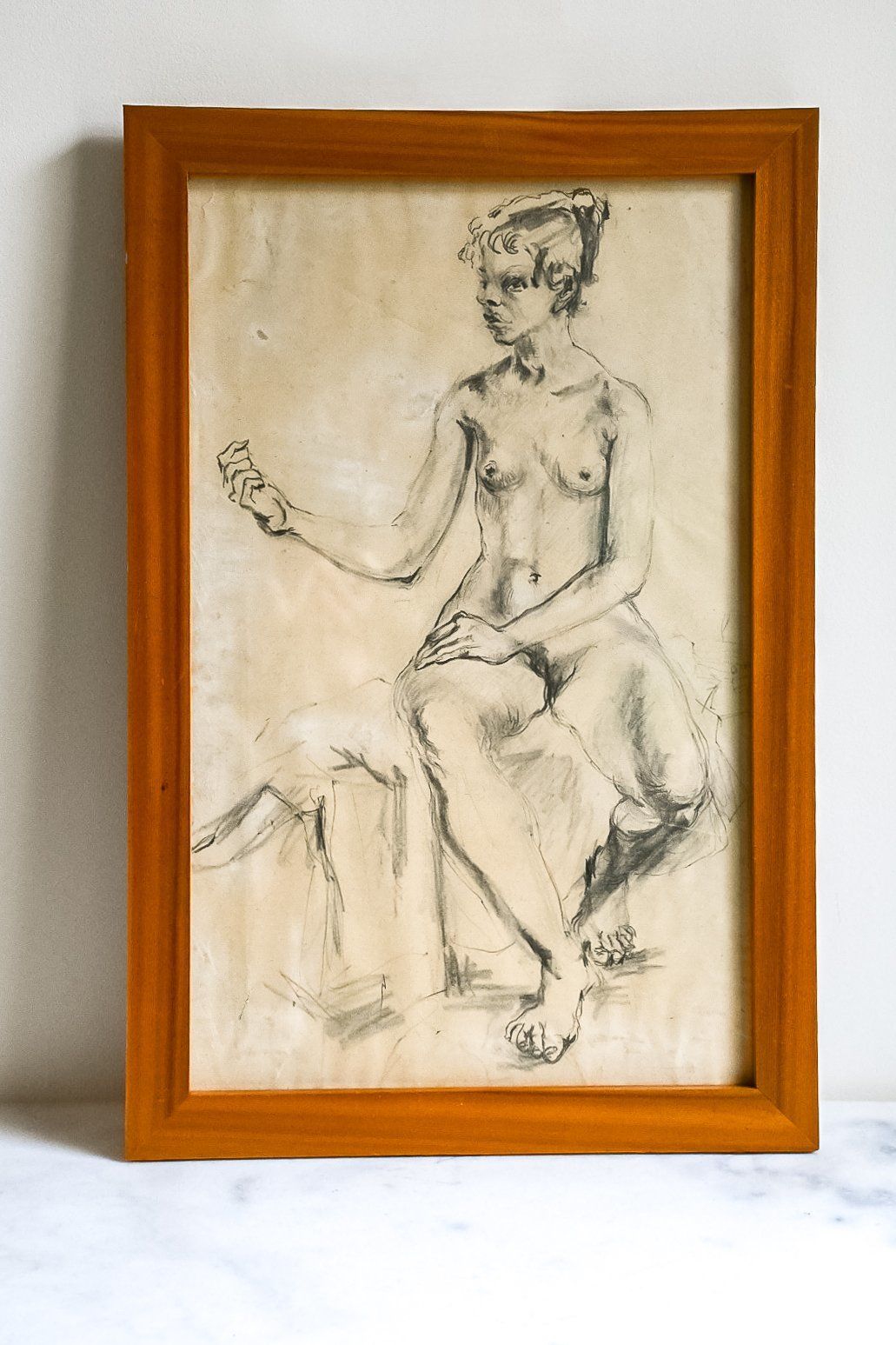Seated Nude By Feliks Topolski, Original Framed Pencil Drawing photo furniture