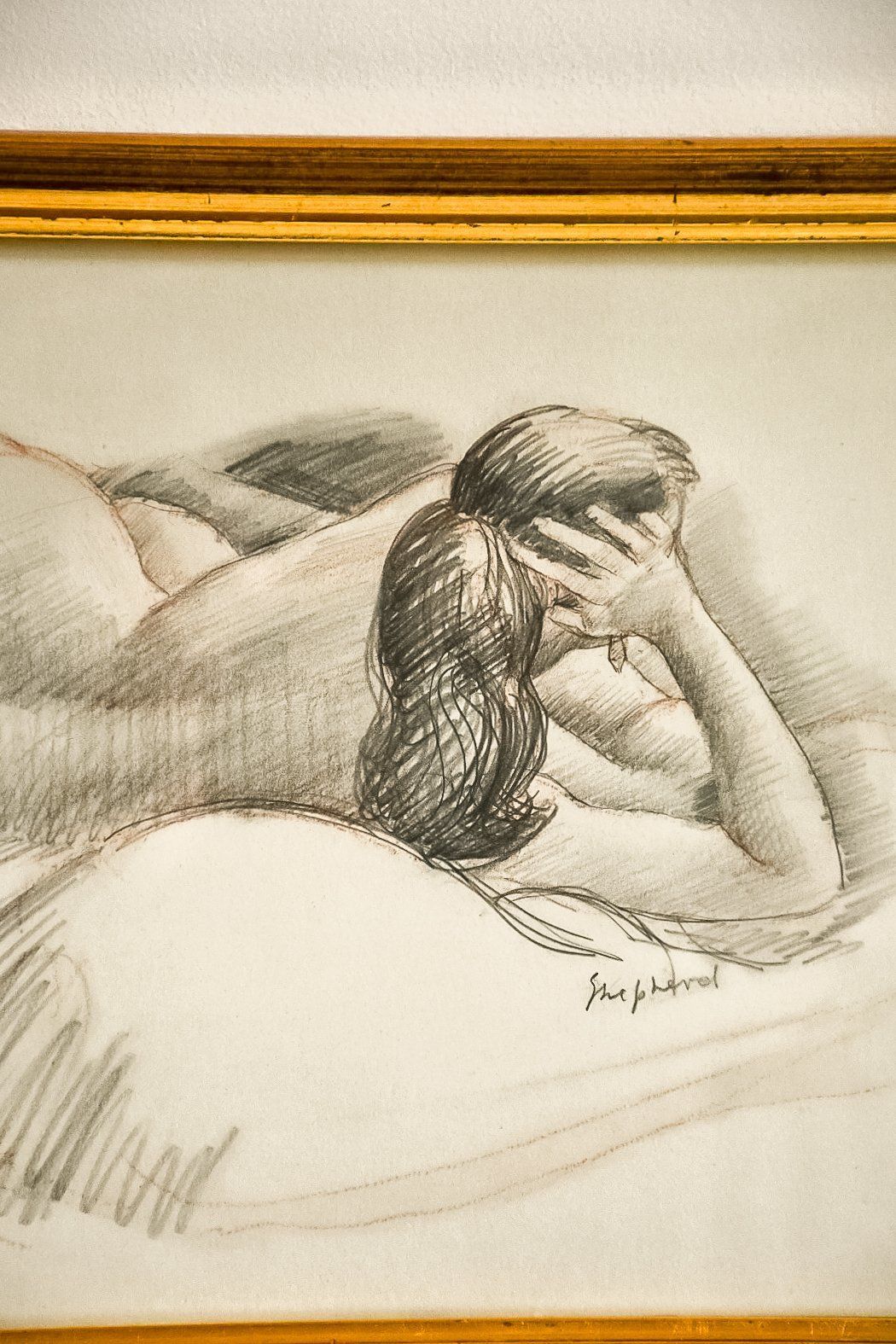 Reclined Nude By Toby Horne Shepherd, Original Framed Pencil Drawing photo for sale