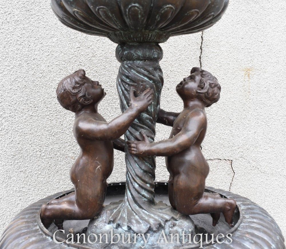Bronze Cherub Fountain   Classical French Verdis Gris Swan Tiered Base photo furniture