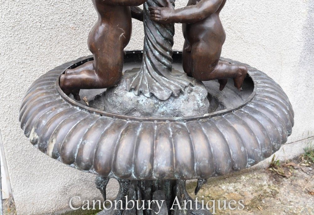 Art Bronze Cherub Fountain   Classical French Verdis Gris Swan Tiered Base photo