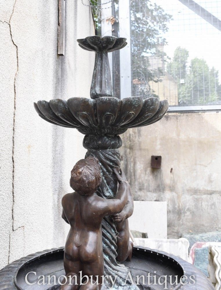 photo vintage Bronze Cherub Fountain   Classical French Verdis Gris Swan Tiered Base