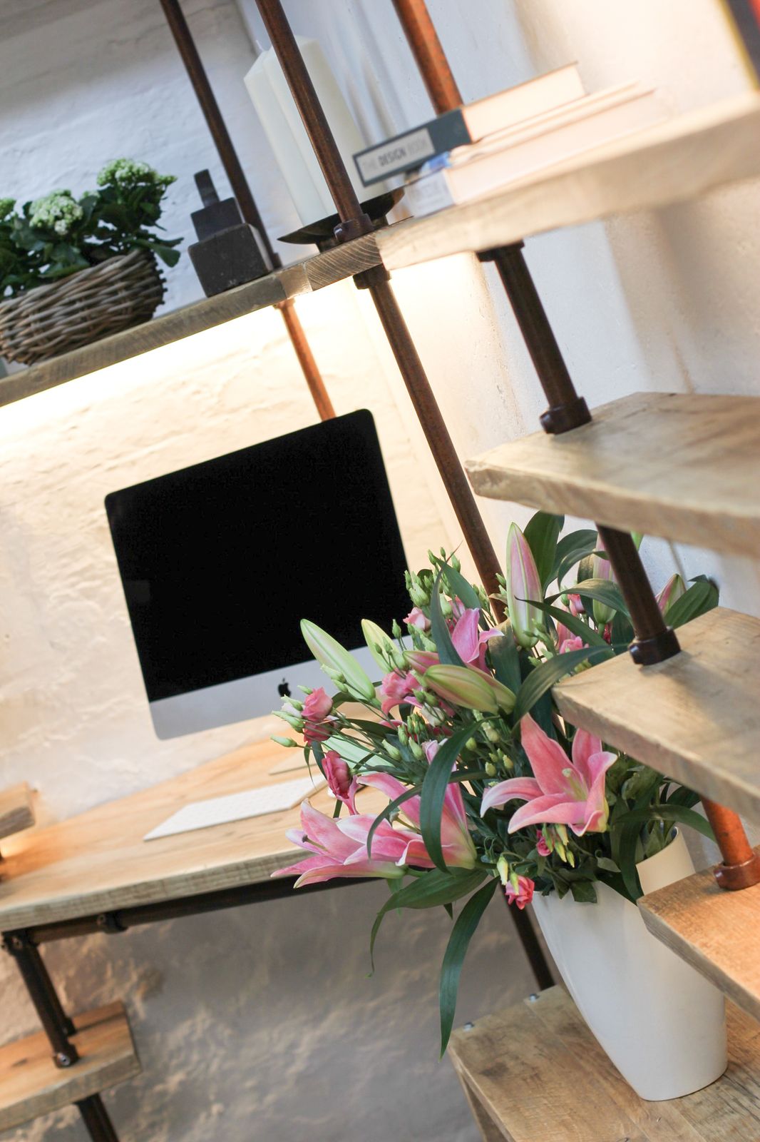 Mc Leod Reclaimed Scaffolding, Steel Pipe Industrial Corner Desk & Led Lit Shelves With Sliding Doors photo Furniture