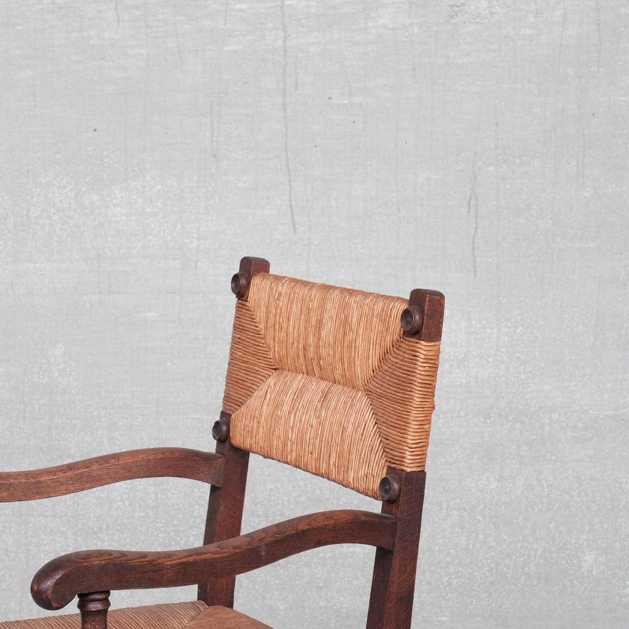 Pair Of Mid Century Oak And Rush French Armchairs photo Furniture