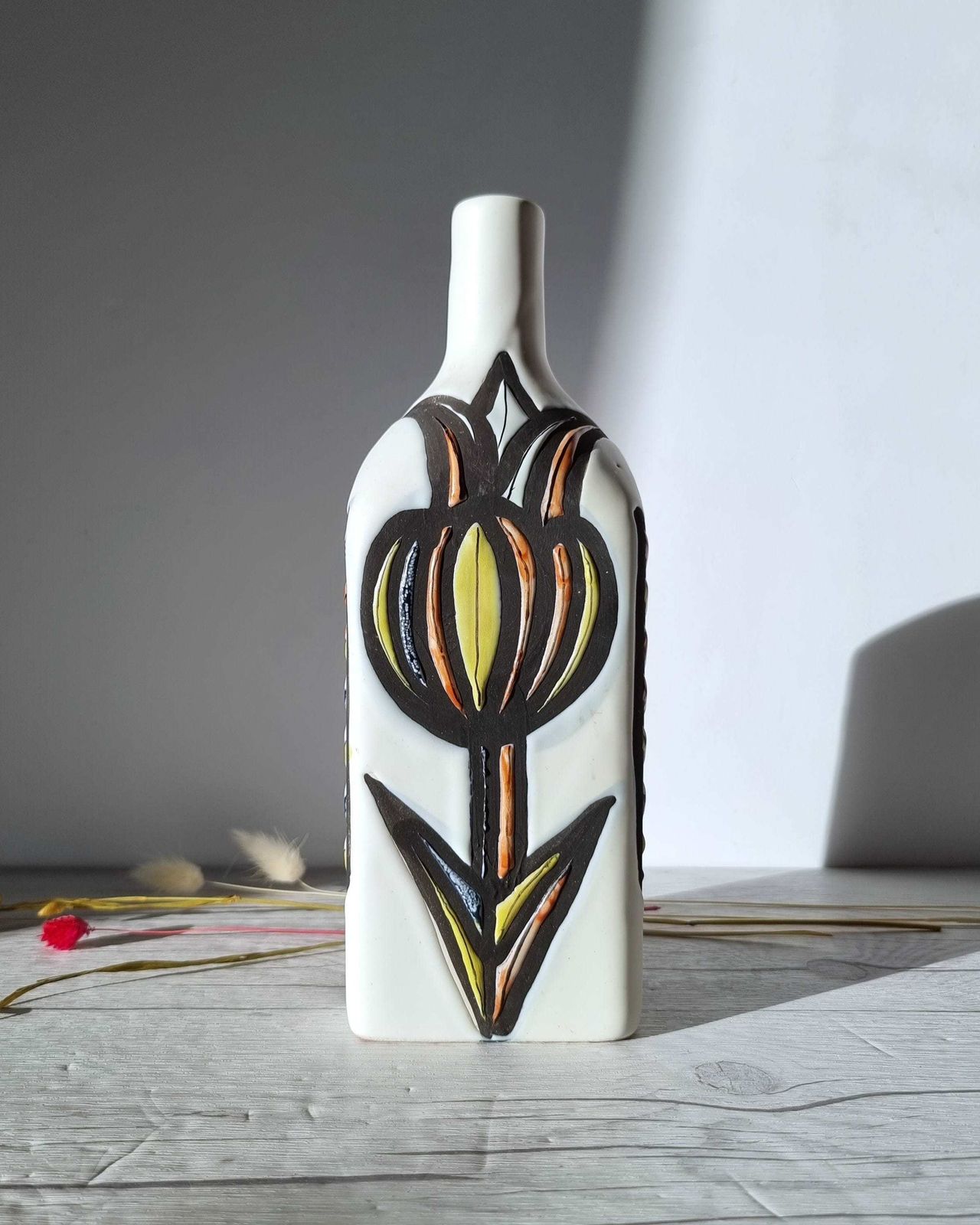 Roger Capron For Vallauris, Dipped White And Multicolour Glaze, Signed Sculptural Bottle Vase, 1950s