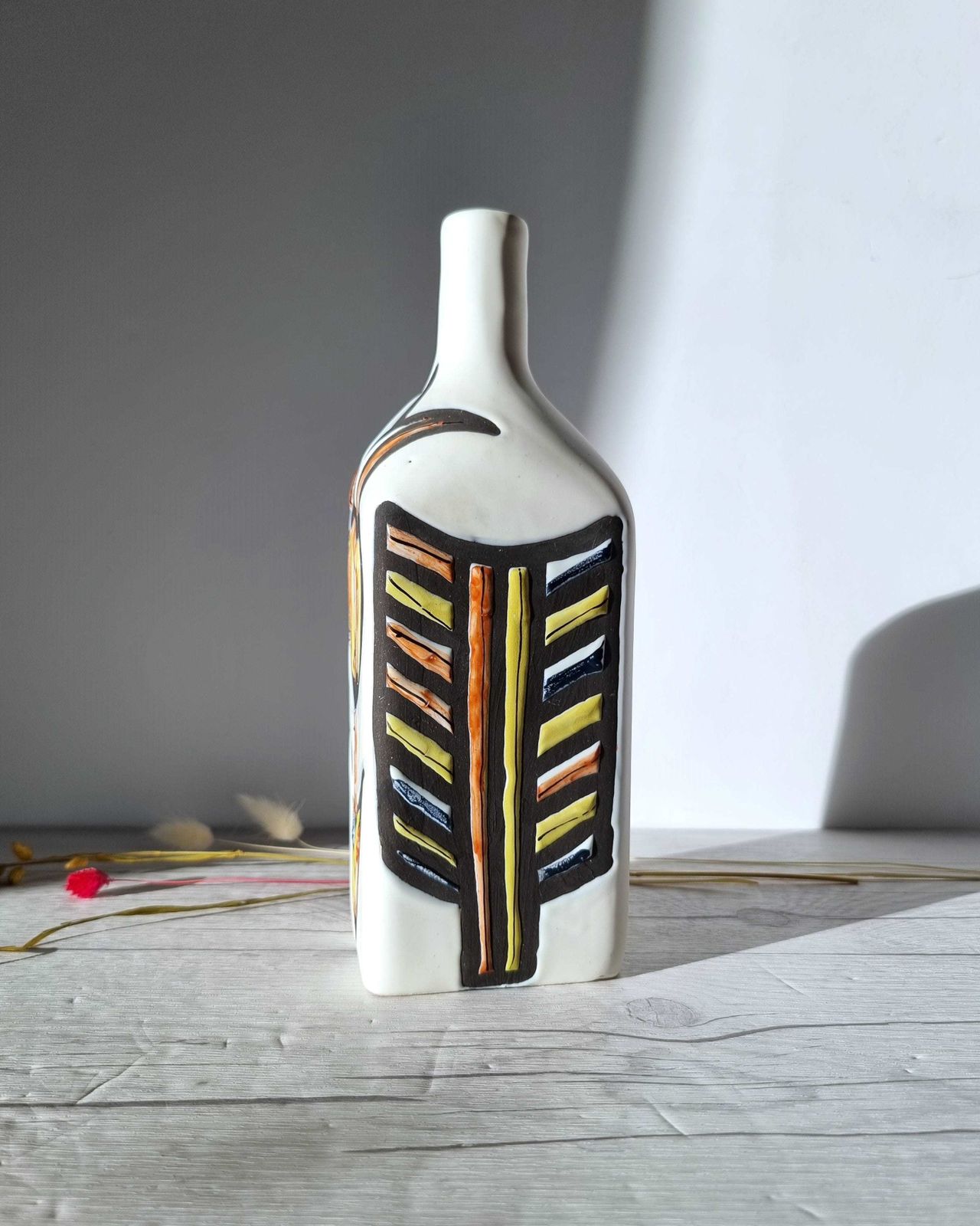 Roger Capron For Vallauris, Dipped White And Multicolour Glaze, Signed Sculptural Bottle Vase, 1950s photo 1760.0