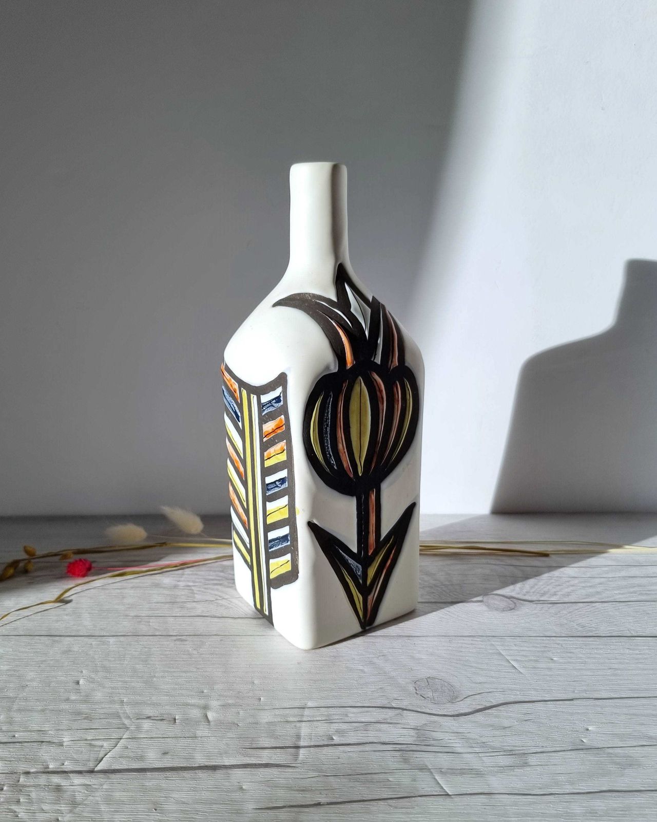 1760.0 Roger Capron For Vallauris, Dipped White And Multicolour Glaze, Signed Sculptural Bottle Vase, 1950s photo