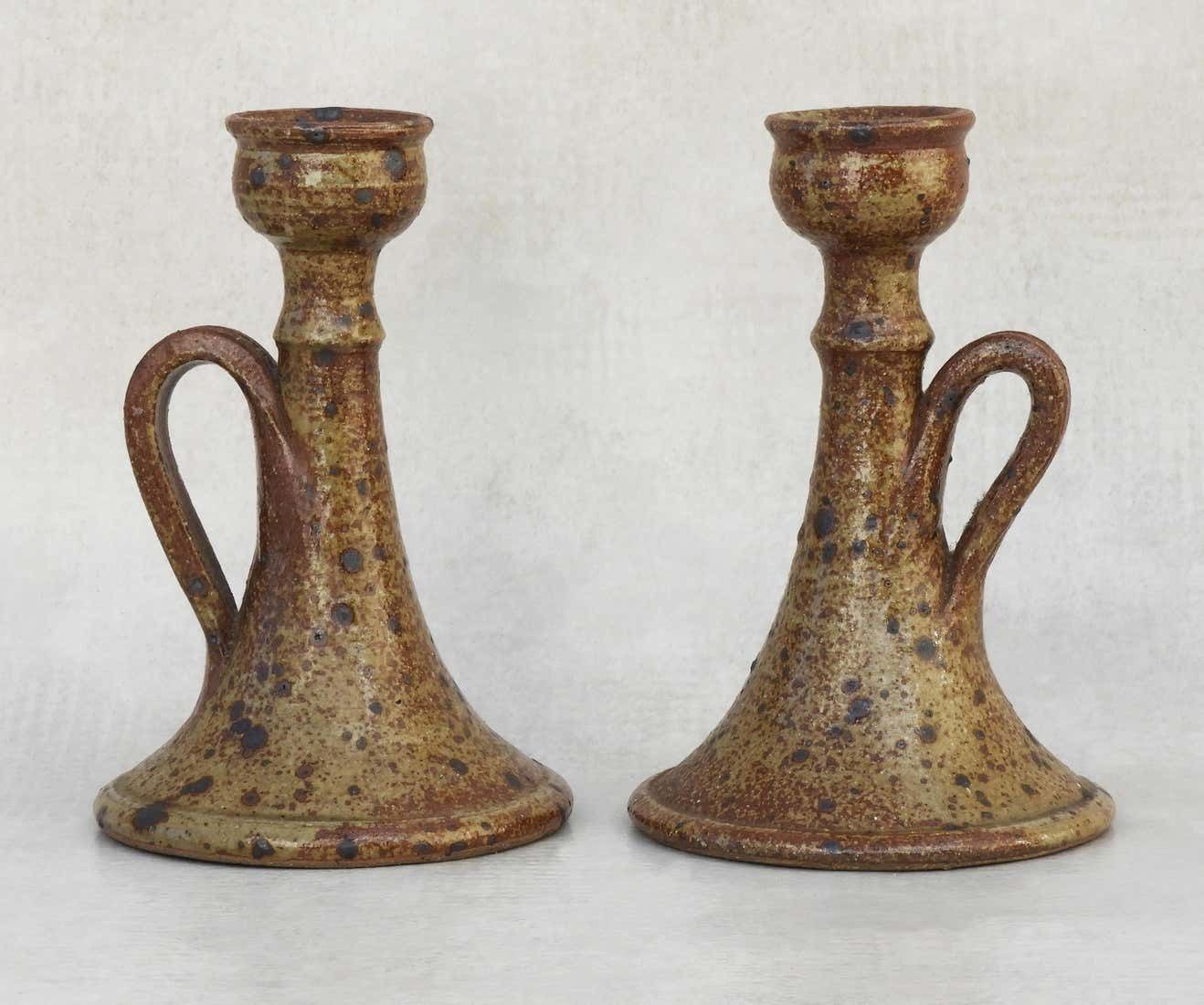 Pair Of Organic Ironstone Candle Holders 1960s French Studio Pottery photo for sale