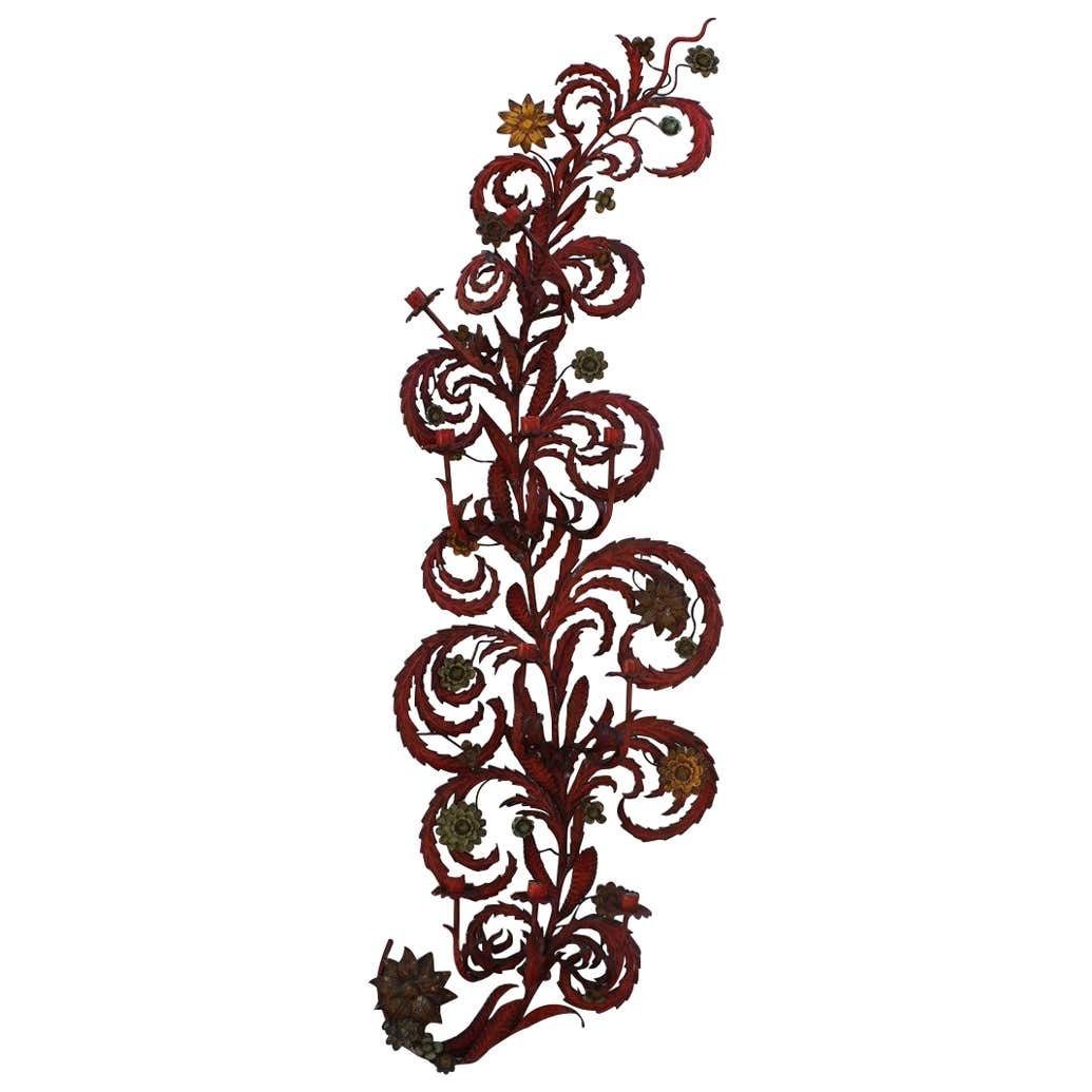 Large Decorative Floral Applique Of 1930 Italian In Red Lacquer With Flowers And