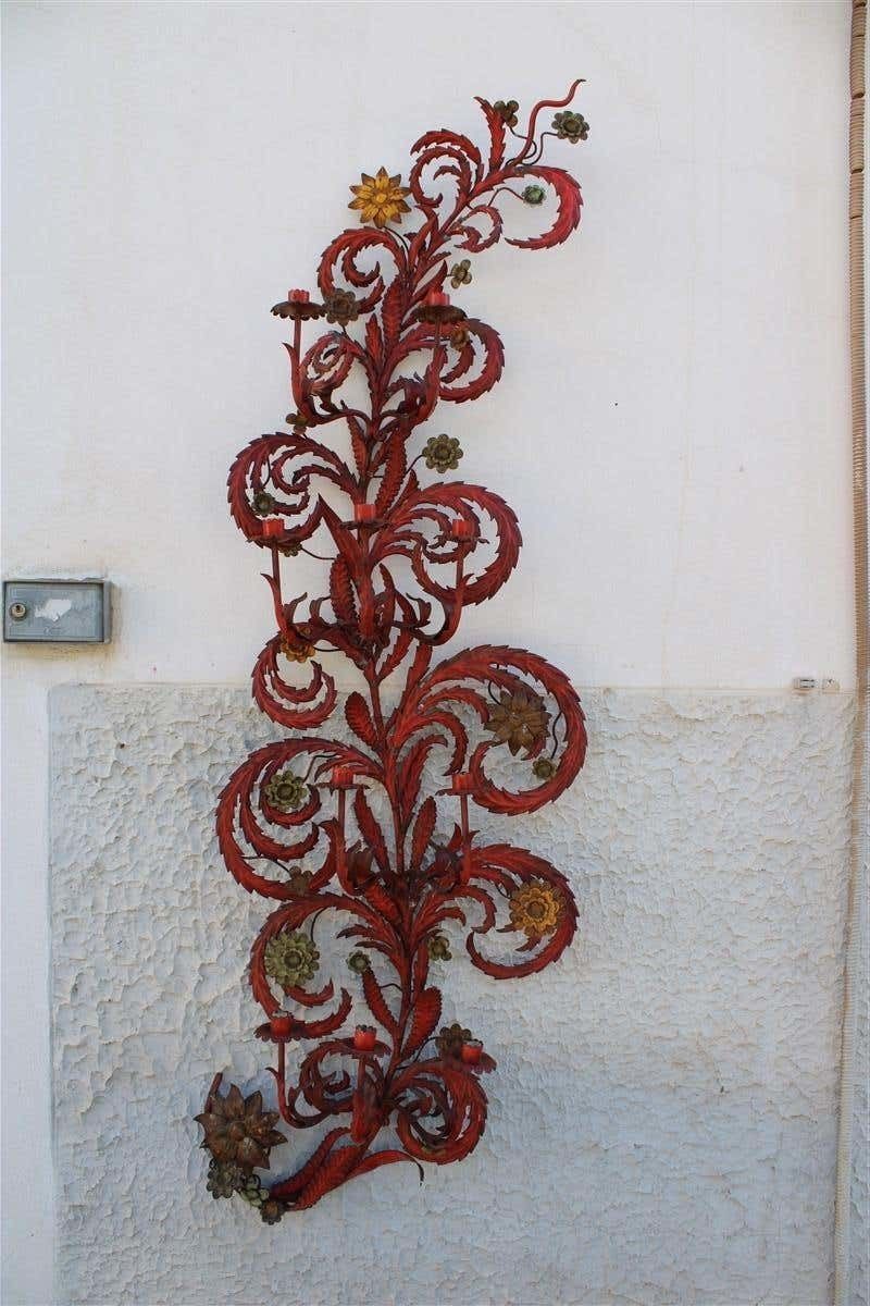 photo for sale Large Decorative Floral Applique Of 1930 Italian In Red Lacquer With Flowers And