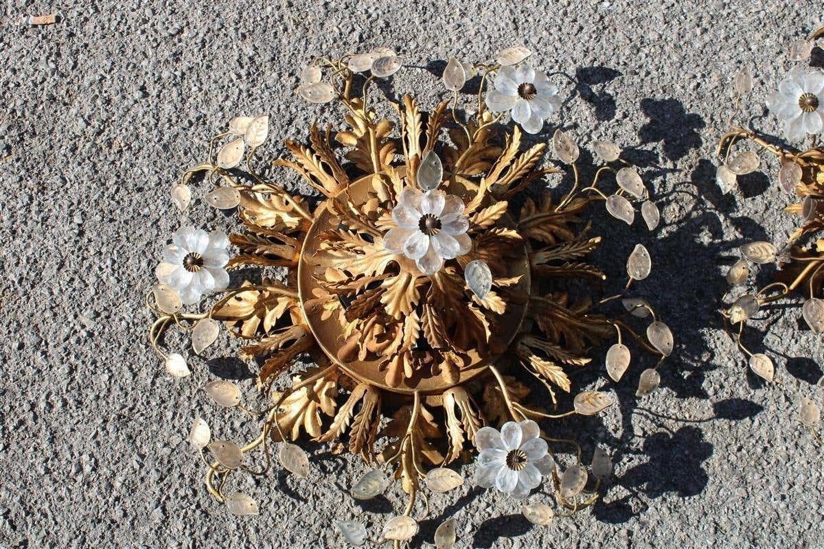 Pair Of Round Ceiling Lights In Golden Metal And French Midcentury 1950s Crystal photo for sale