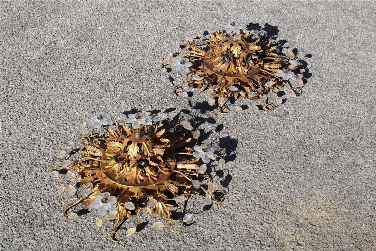 photo for sale Pair Of Round Ceiling Lights In Golden Metal And French Midcentury 1950s Crystal