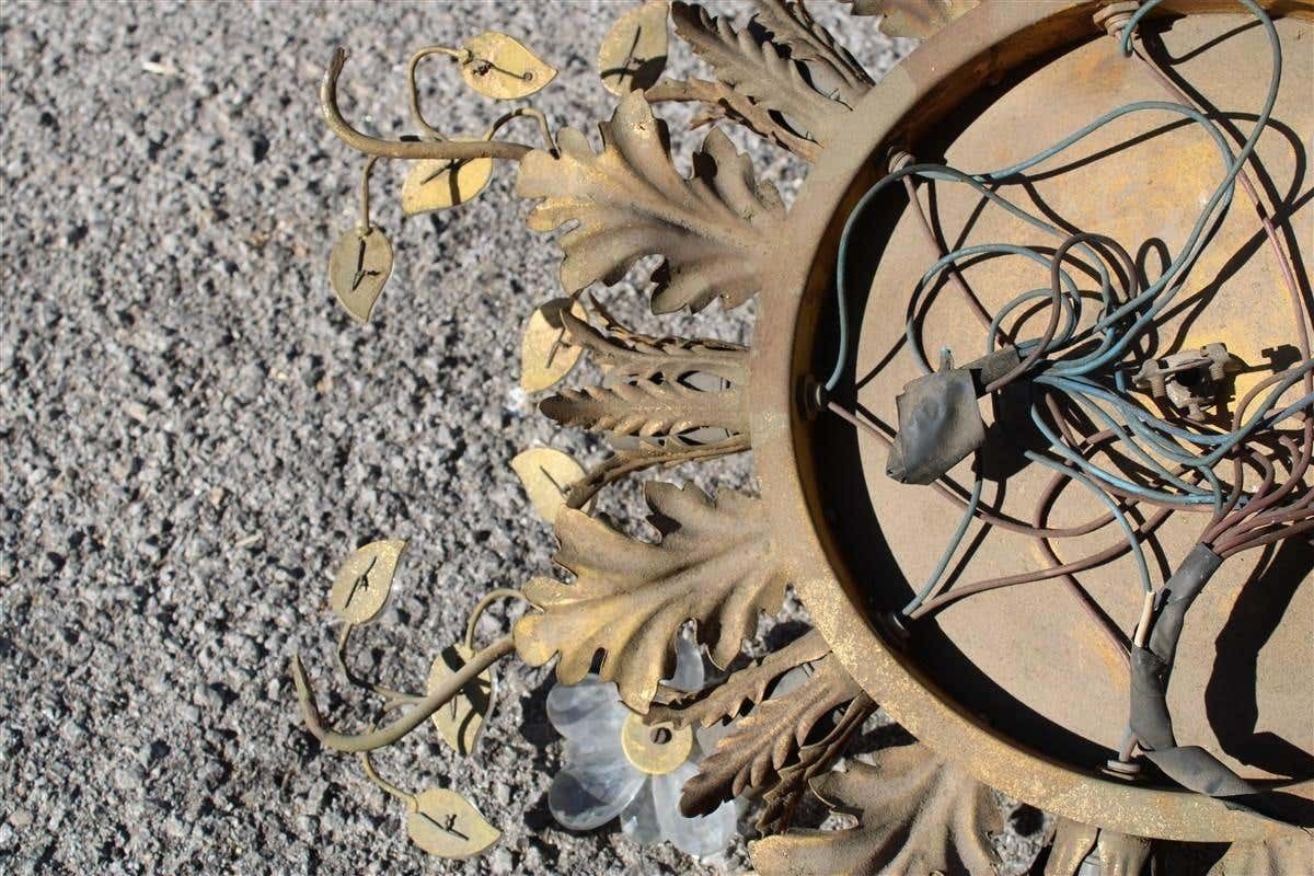 photo vinterior Pair Of Round Ceiling Lights In Golden Metal And French Midcentury 1950s Crystal