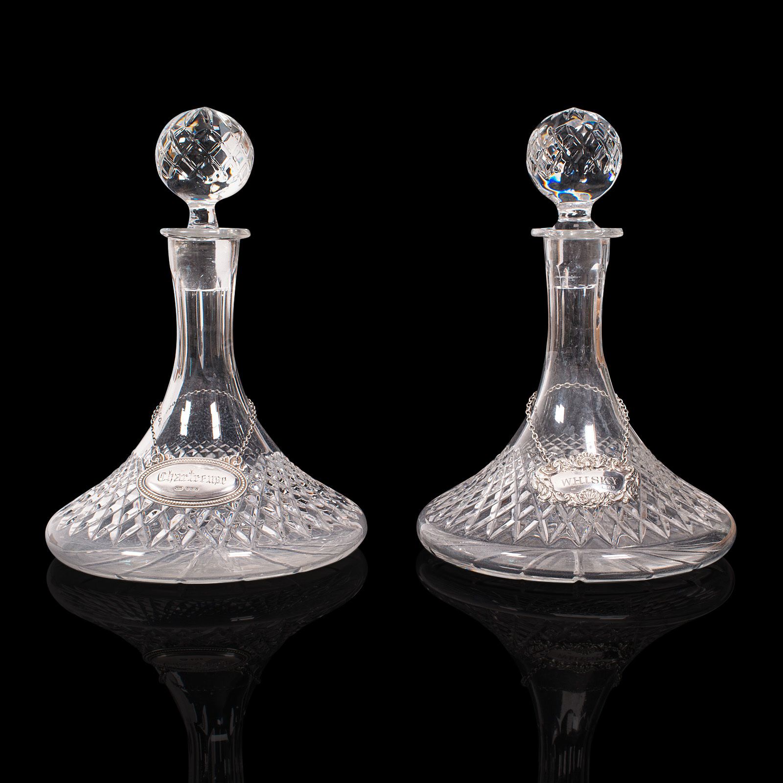 Pair Of Vintage Decanters, English Glass, Spirit Vessel, Silver Labels, Hallmark photo furniture
