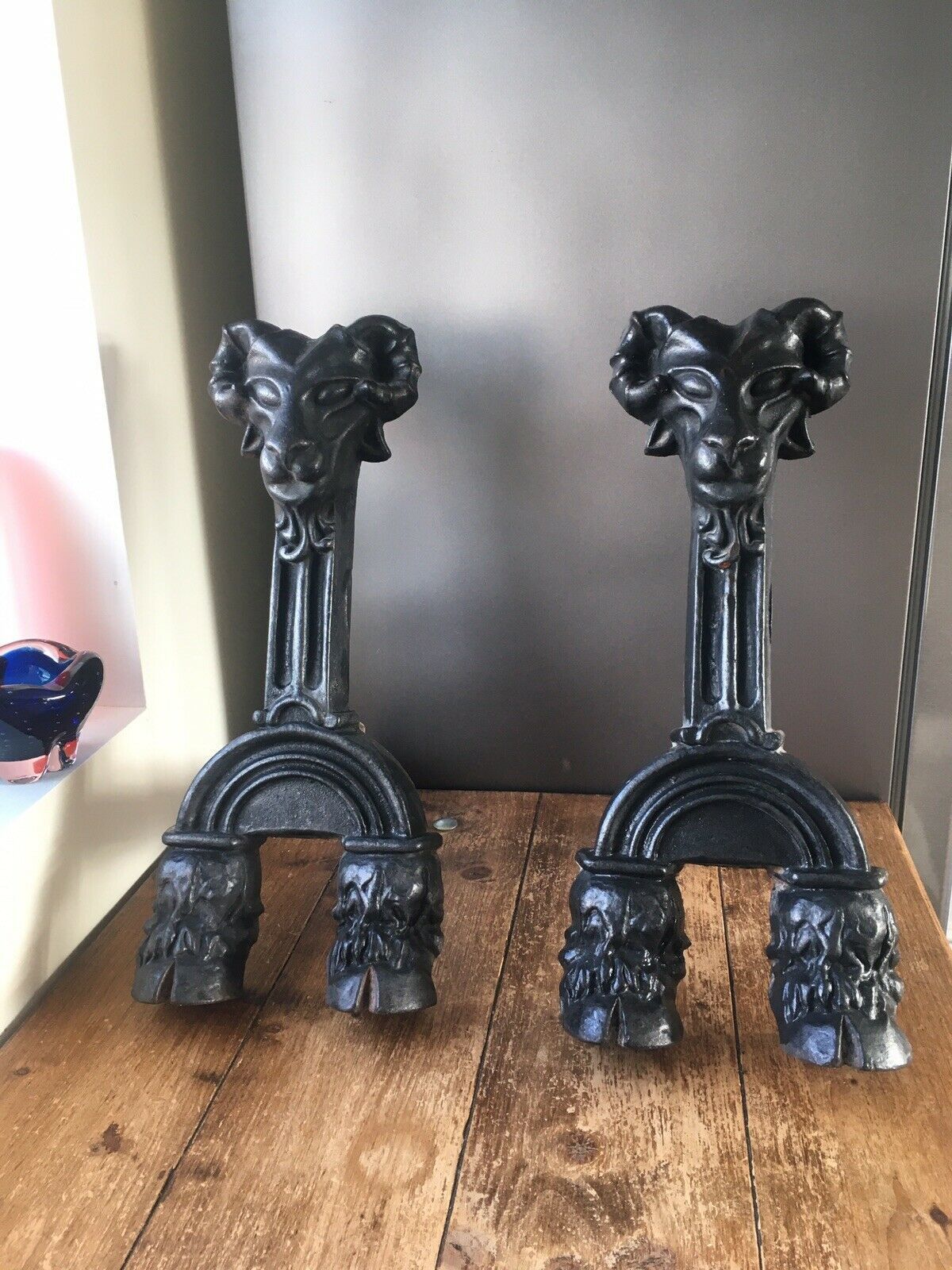 Exceptional Antique Rams Head & Hoof Cast Iron Fireside Fire Dogs Andirons 50kg