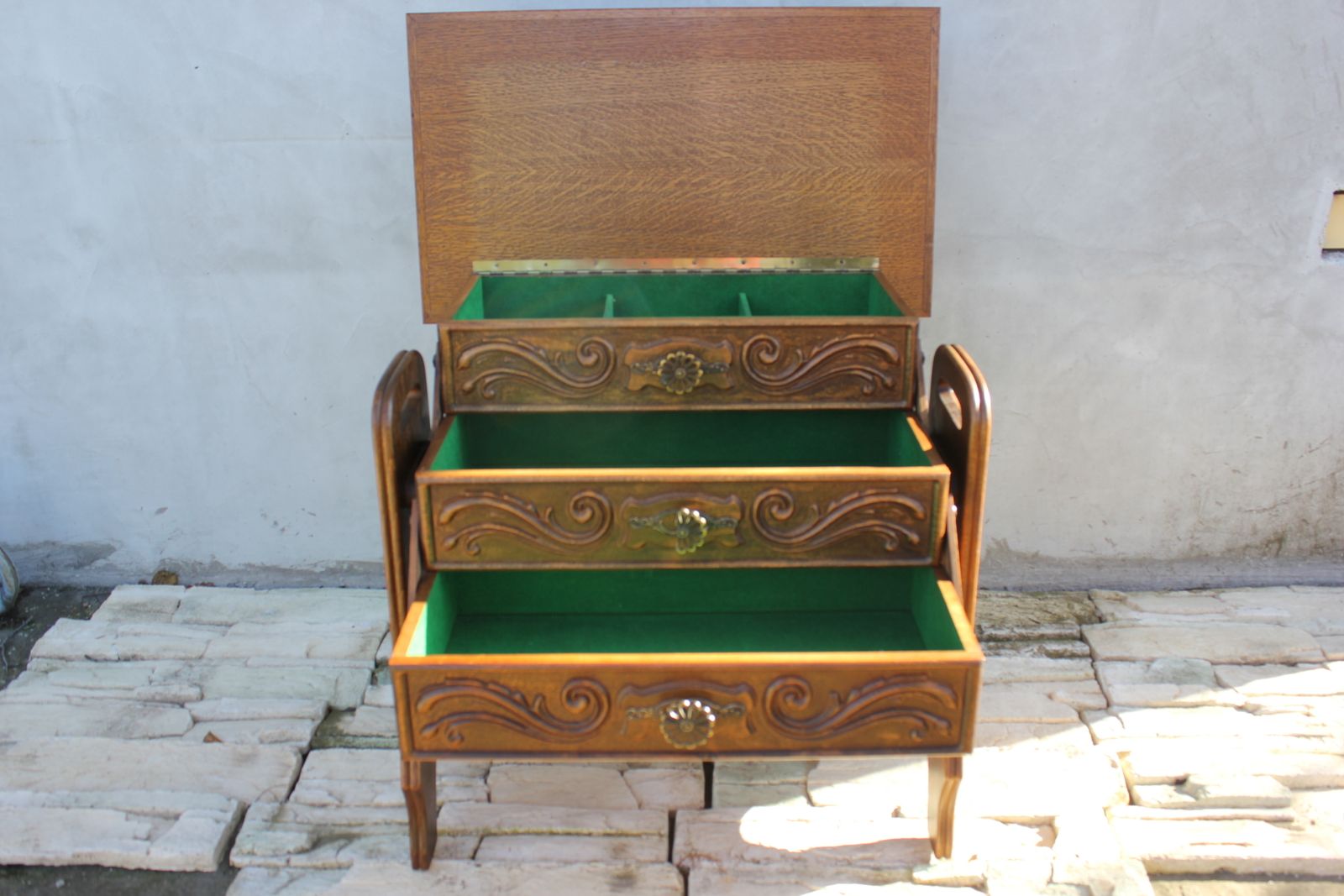 Carved Wood Sewing Cabinet With Accordion Drawers Portable Furniture