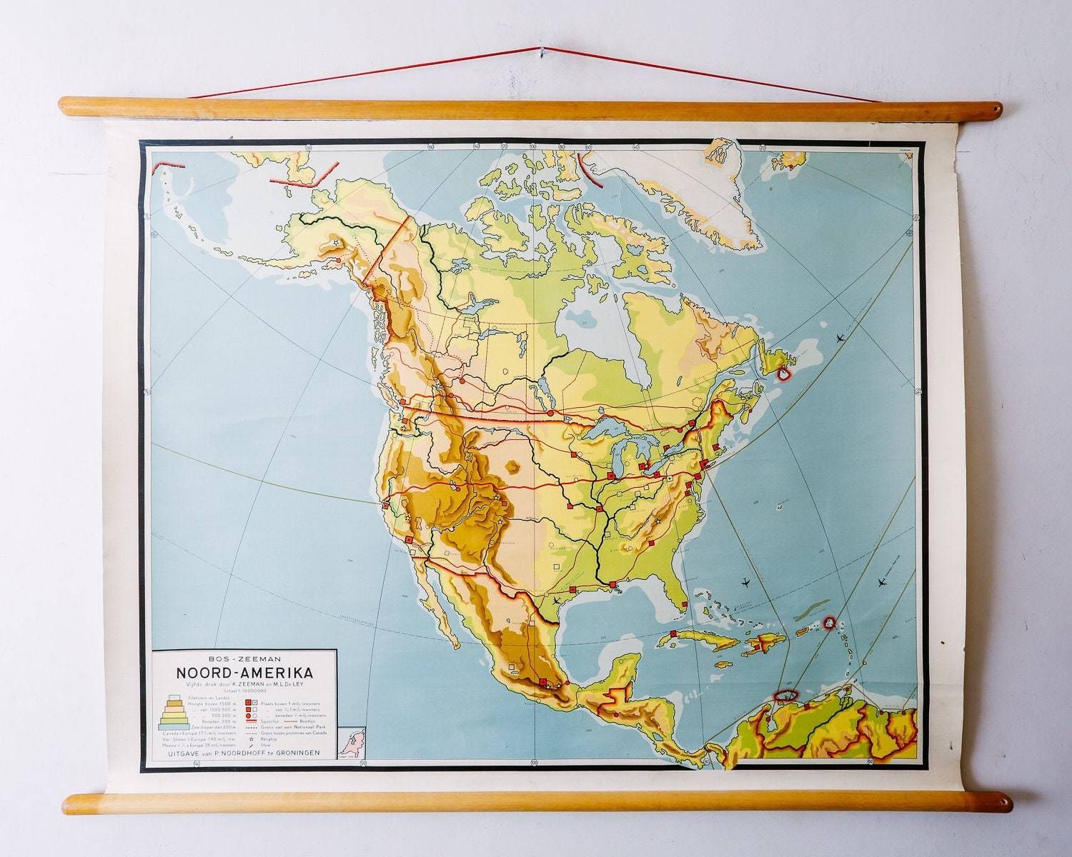 Original Mid Century Vintage Dutch Educational School Wall Chart USA North America Continent Map Quirky Beautiful Rare Bos