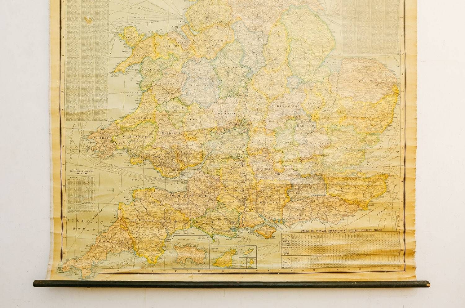 Original Vintage Antique Geographical Educational School Wall Chart Scarborough's Map Of England And Wales photo furniture