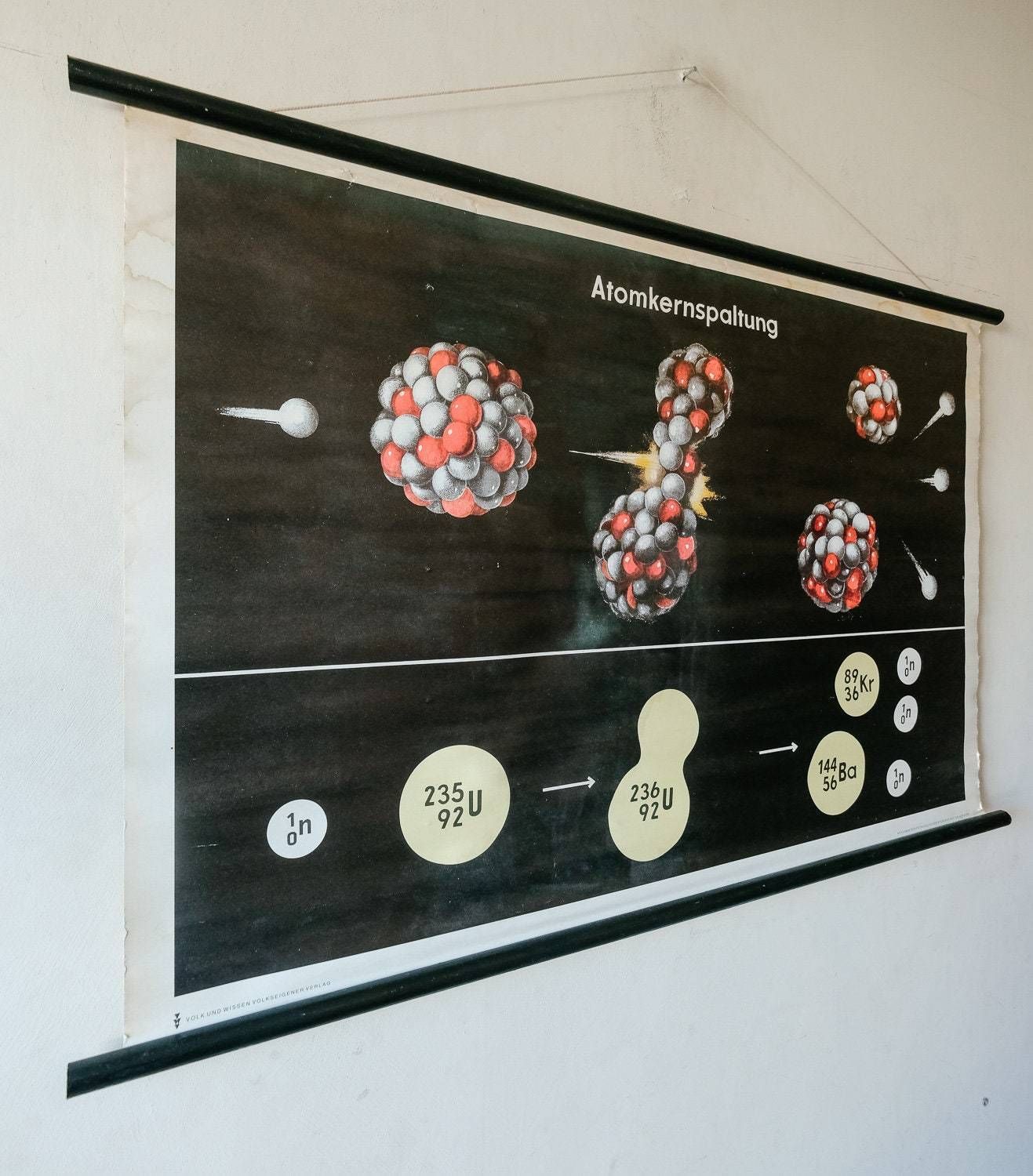 Original Scientific Technical Vintage German School Wall Chart Atoms Atomic Fission Physics Beautiful Rare Educational photo for sale