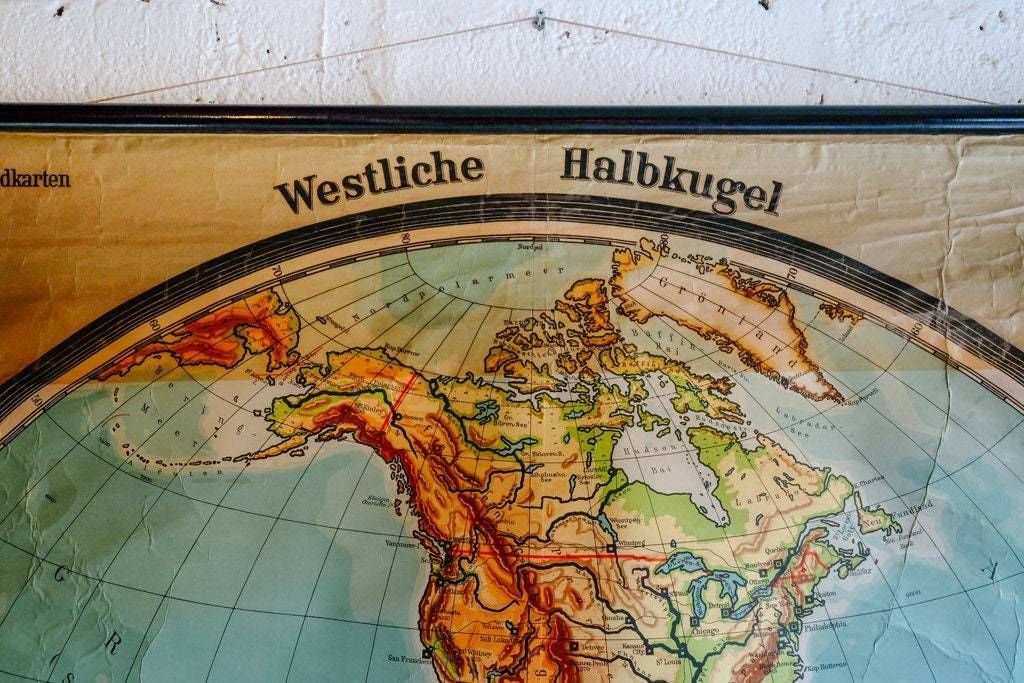 Original Huge Large Vintage Mid Century Mcm German Educational School Wall Chart Western Hemisphere Map Beautiful Westermann photo 305.0