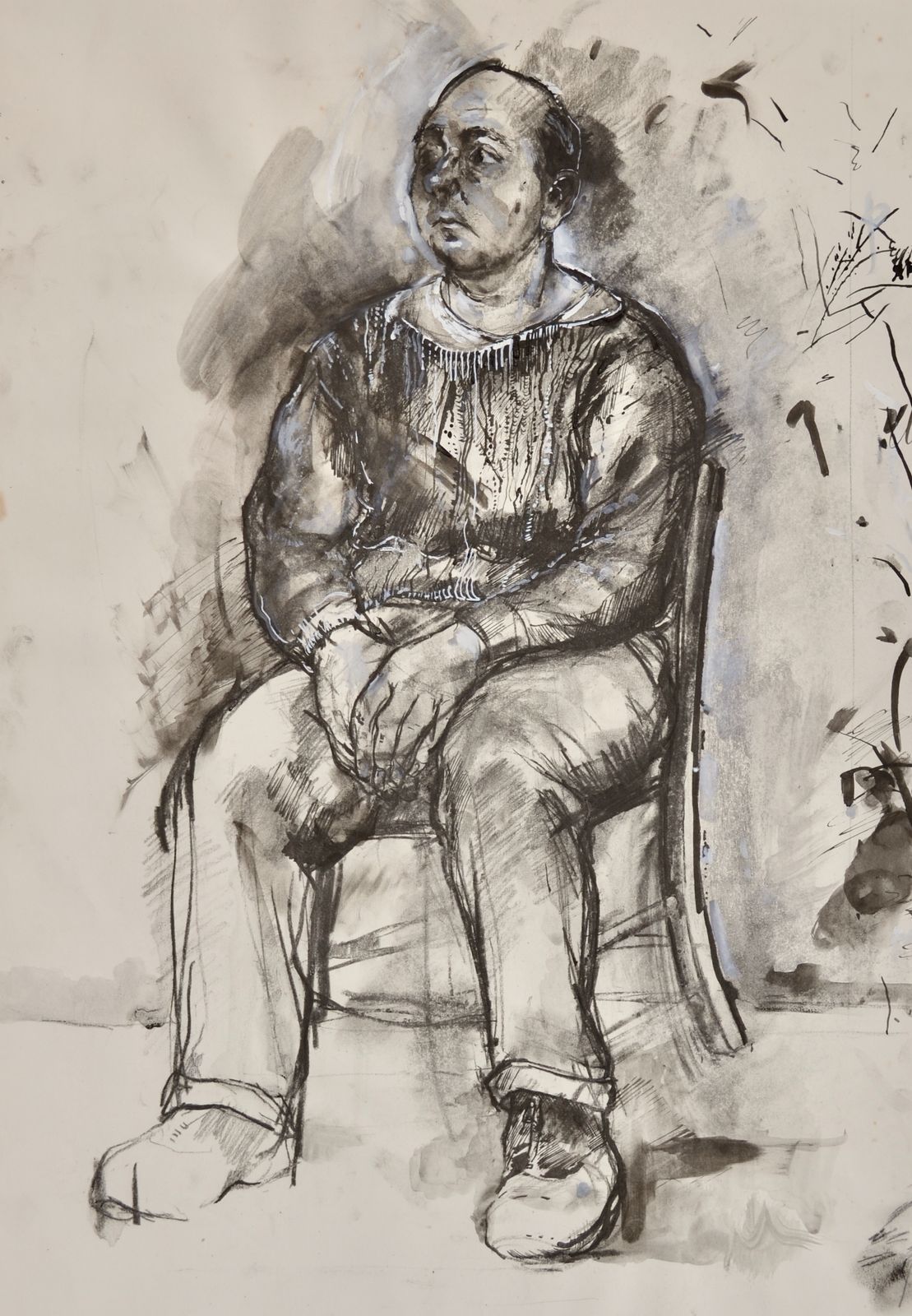 20th Century British Drawing Of A Man Seated In A Chair By Carolyn Sergeant