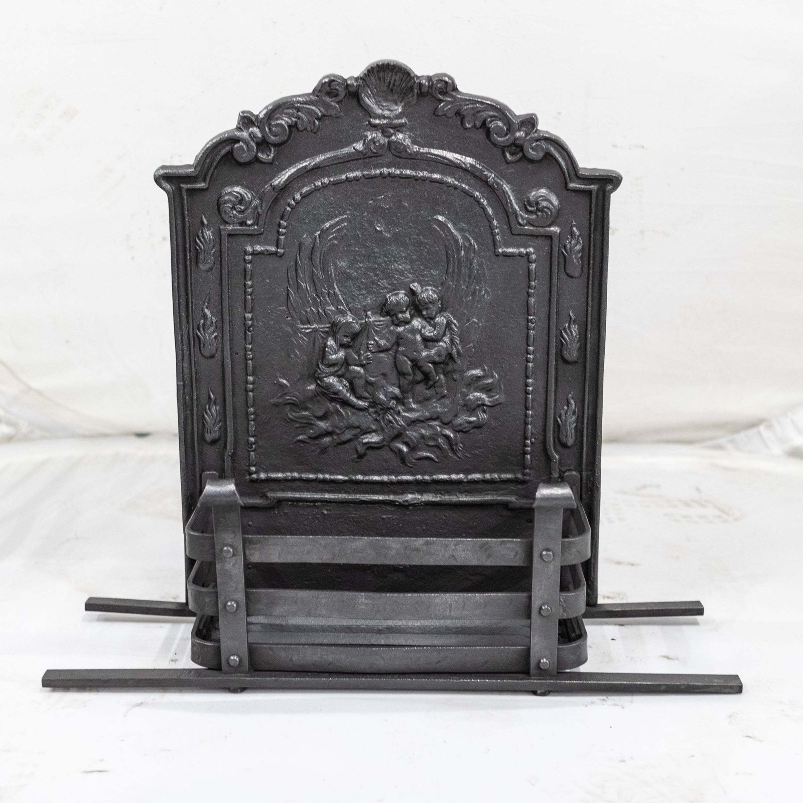 Antique Ornate Fire Basket Grate & Andiron Set photo for sale