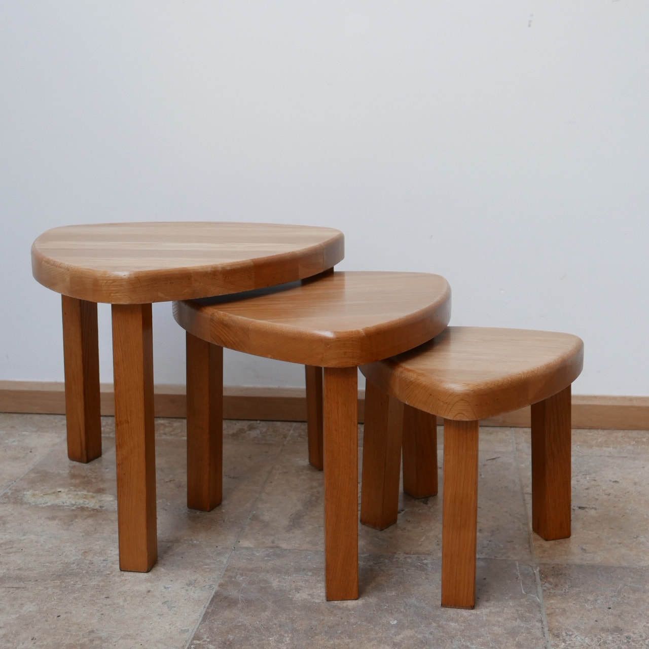 Trio Of Oak Mid Century Nesting Tables In Manner Of Pierre Chapo