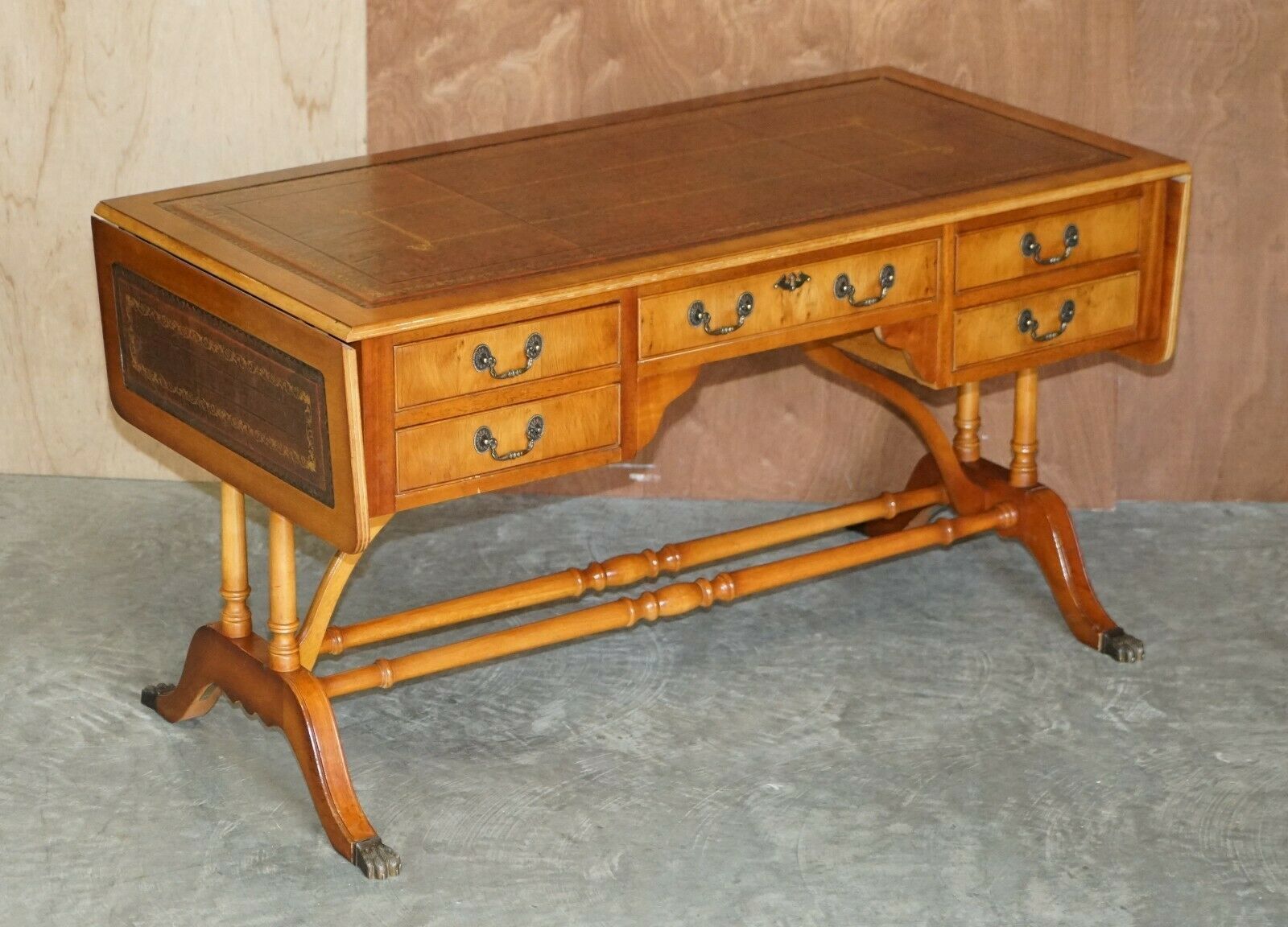 Extending Writing Table Desk, Burr Yew Wood Brown Leather Gold Leaf Embossed Top photo furniture