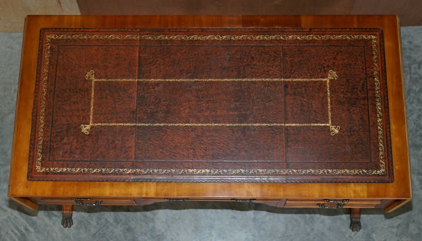Extending Writing Table Desk, Burr Yew Wood Brown Leather Gold Leaf Embossed Top photo buy