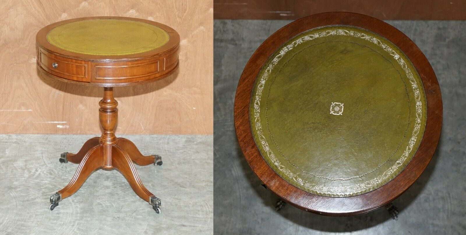 Lovely Regency Vintage Mahogany & Green Leather Twin Drawer Side End Table