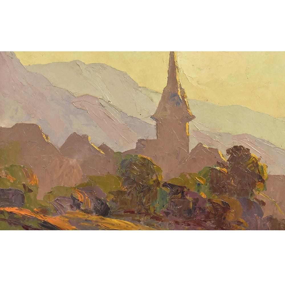 Landscape Oil Painting With Church, Art Deco, Early 20th Century. (Qp 384) photo furniture