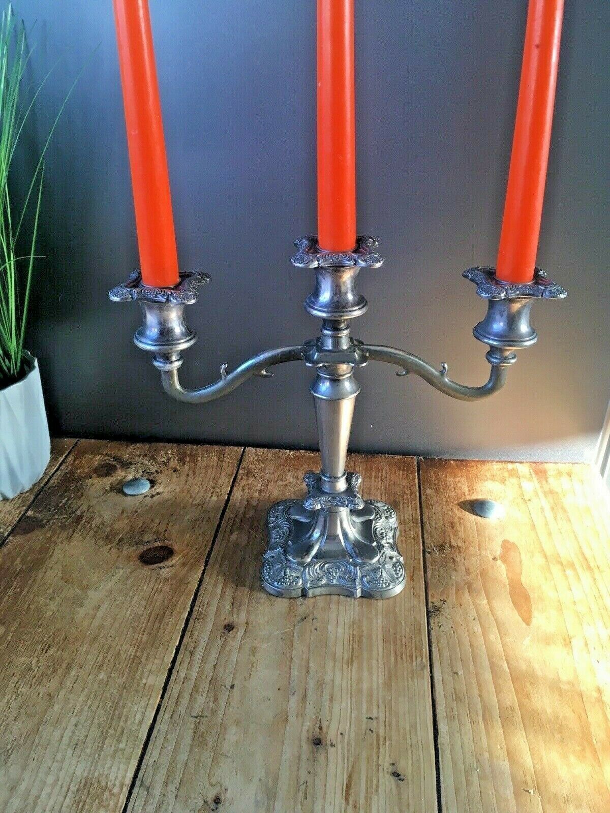 Quality English Silver Plated Leaf And Berry 3 Branch Candle Holder Candelabrum photo for sale