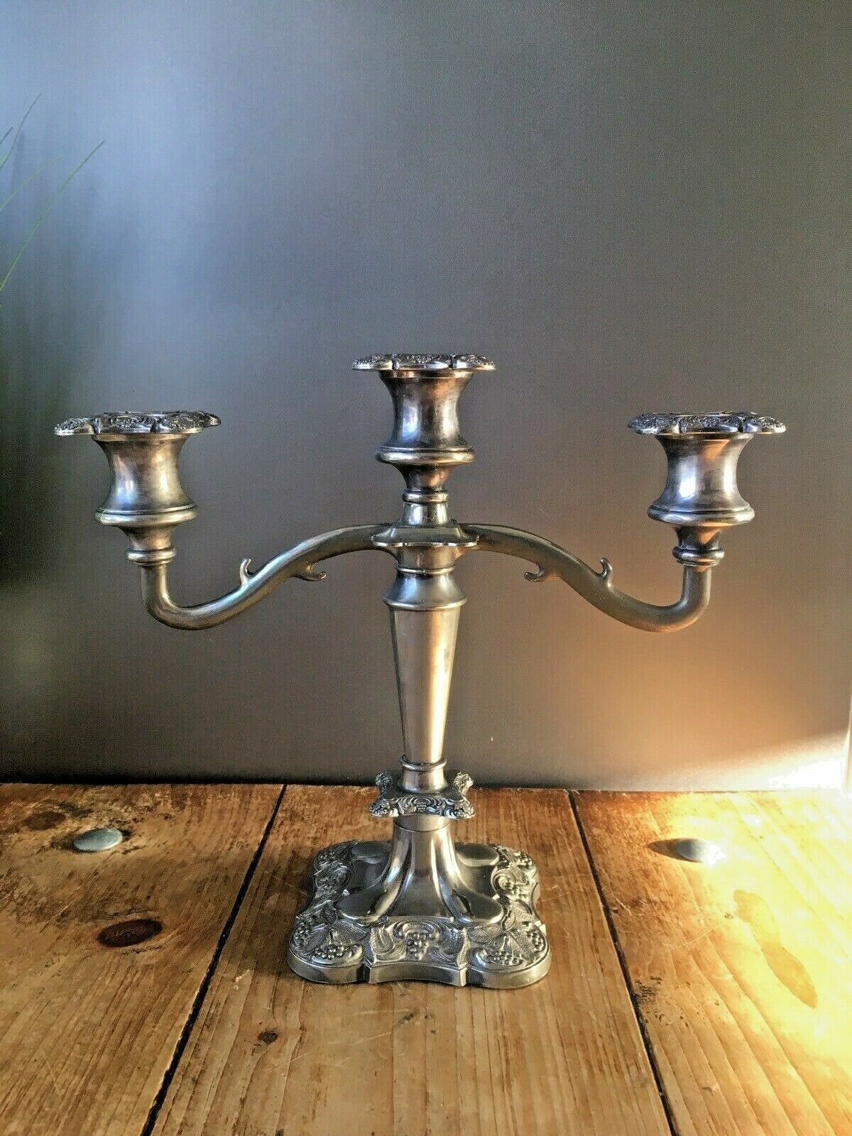 Quality English Silver Plated Leaf And Berry 3 Branch Candle Holder Candelabrum photo vinterior