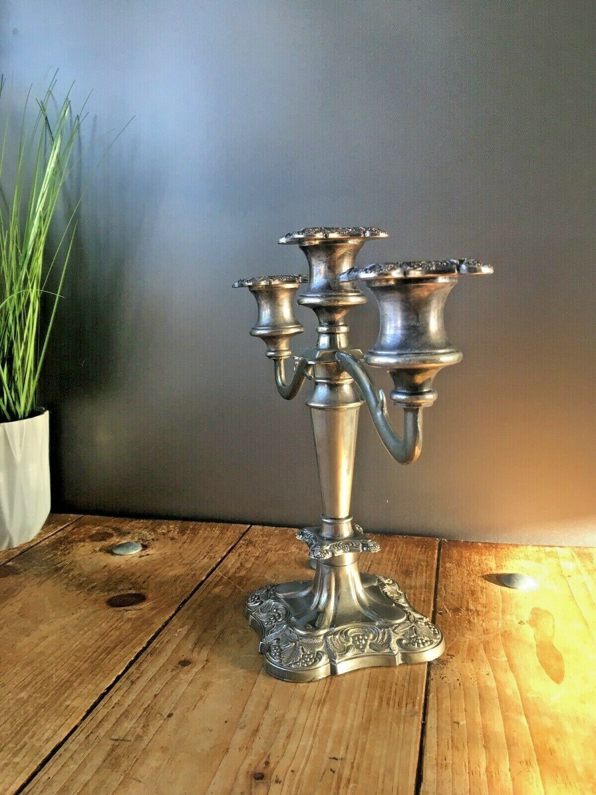 Quality English Silver Plated Leaf And Berry 3 Branch Candle Holder Candelabrum photo buy