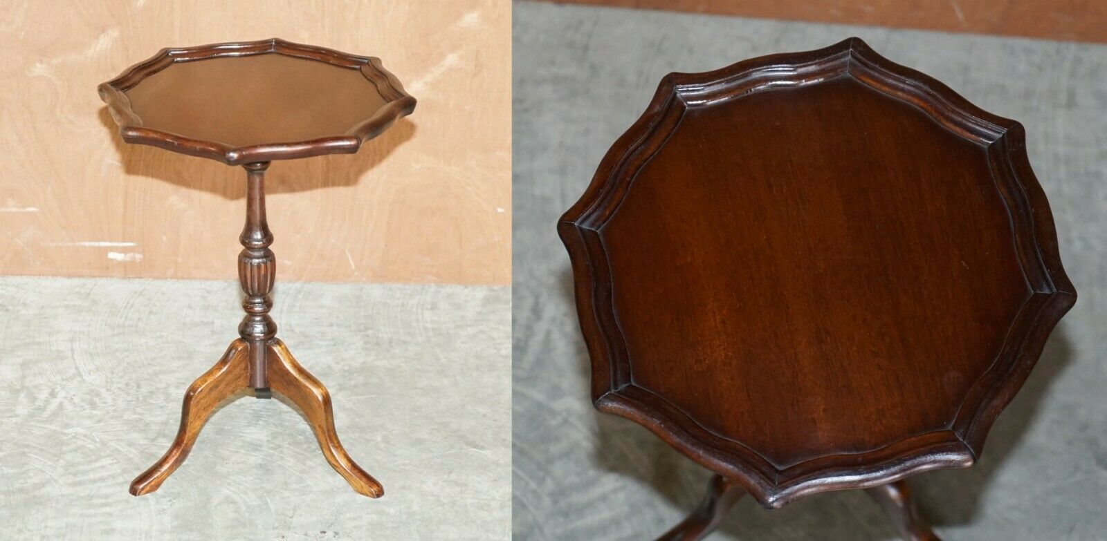 Decorative Vintage Mahogany Pie Crust Edge Tripod Lamp Side End Wine Table
