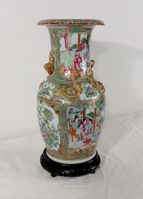 Canton Porcelain Vase On Wooden Base, China, 19th Century photo for sale