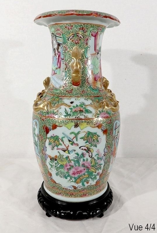Canton Porcelain Vase On Wooden Base, China, 19th Century photo buy