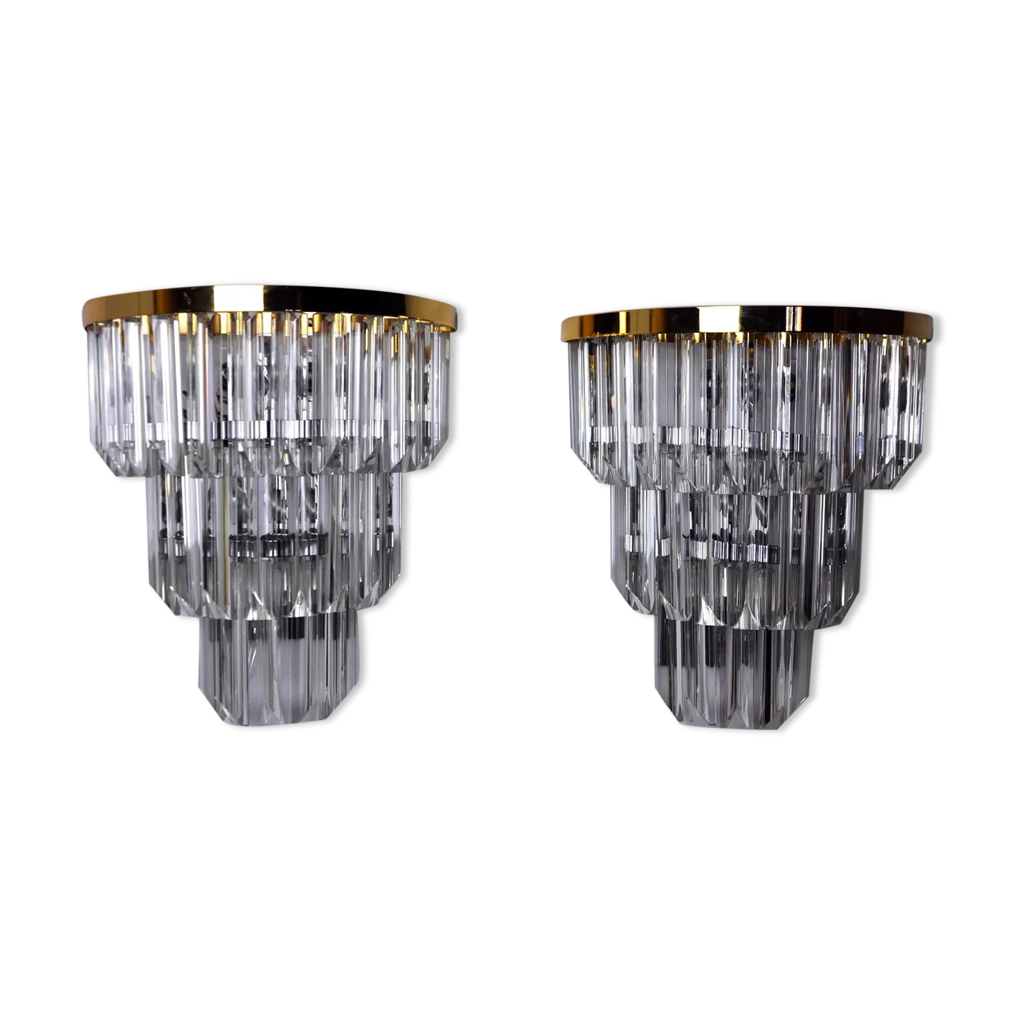 Pair Of Venini Wall Lamps, 3 Levels, Triedri Crystals Italy 1970 photo buy