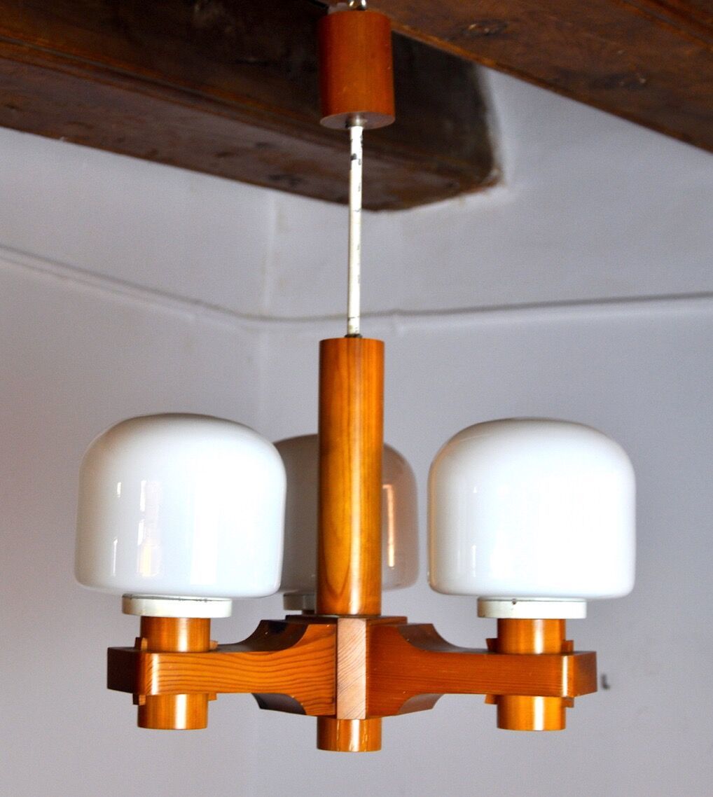 Nordic Chandelier In Wood And Opaline Denmark 1970 photo furniture
