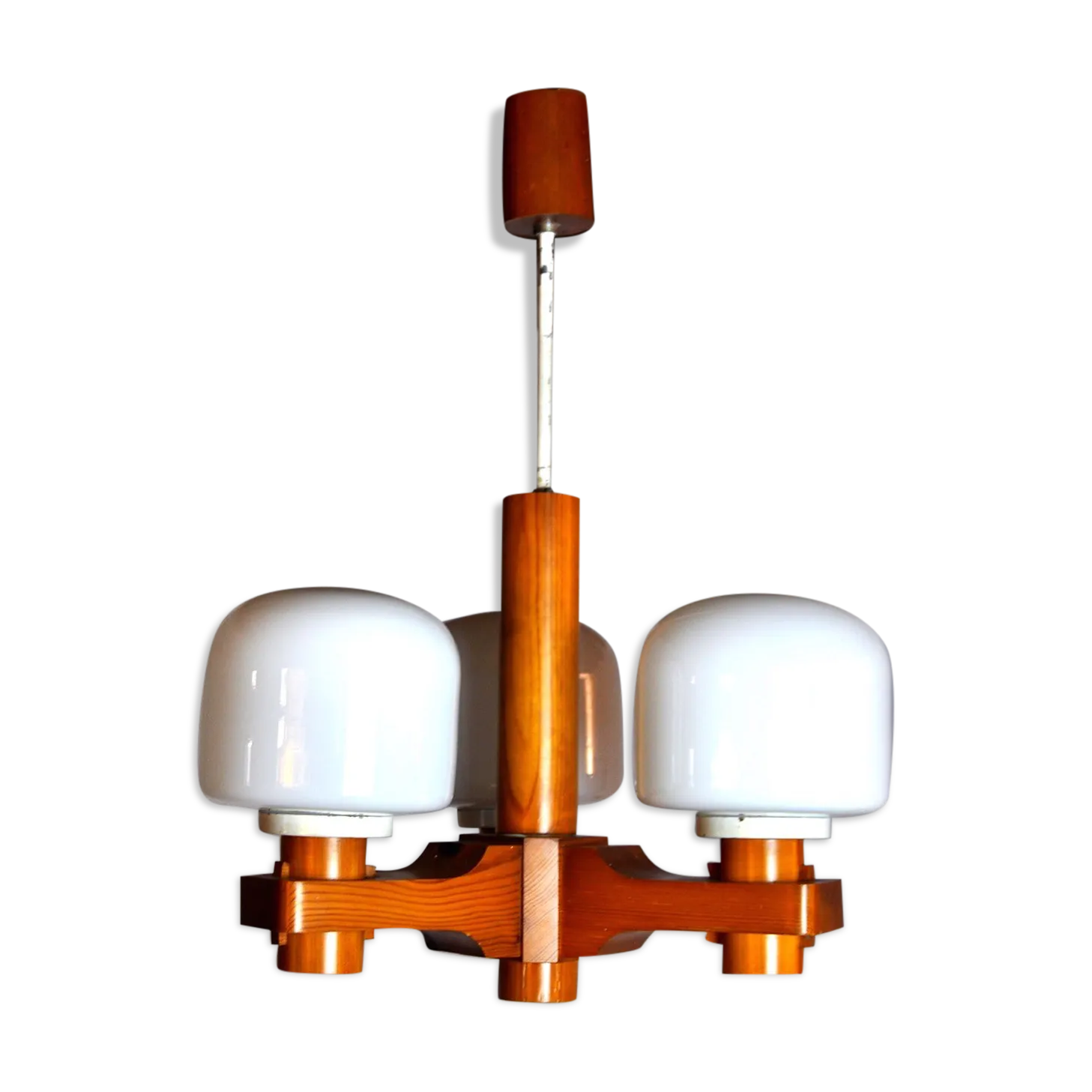 Nordic Chandelier In Wood And Opaline Denmark 1970 photo vinterior