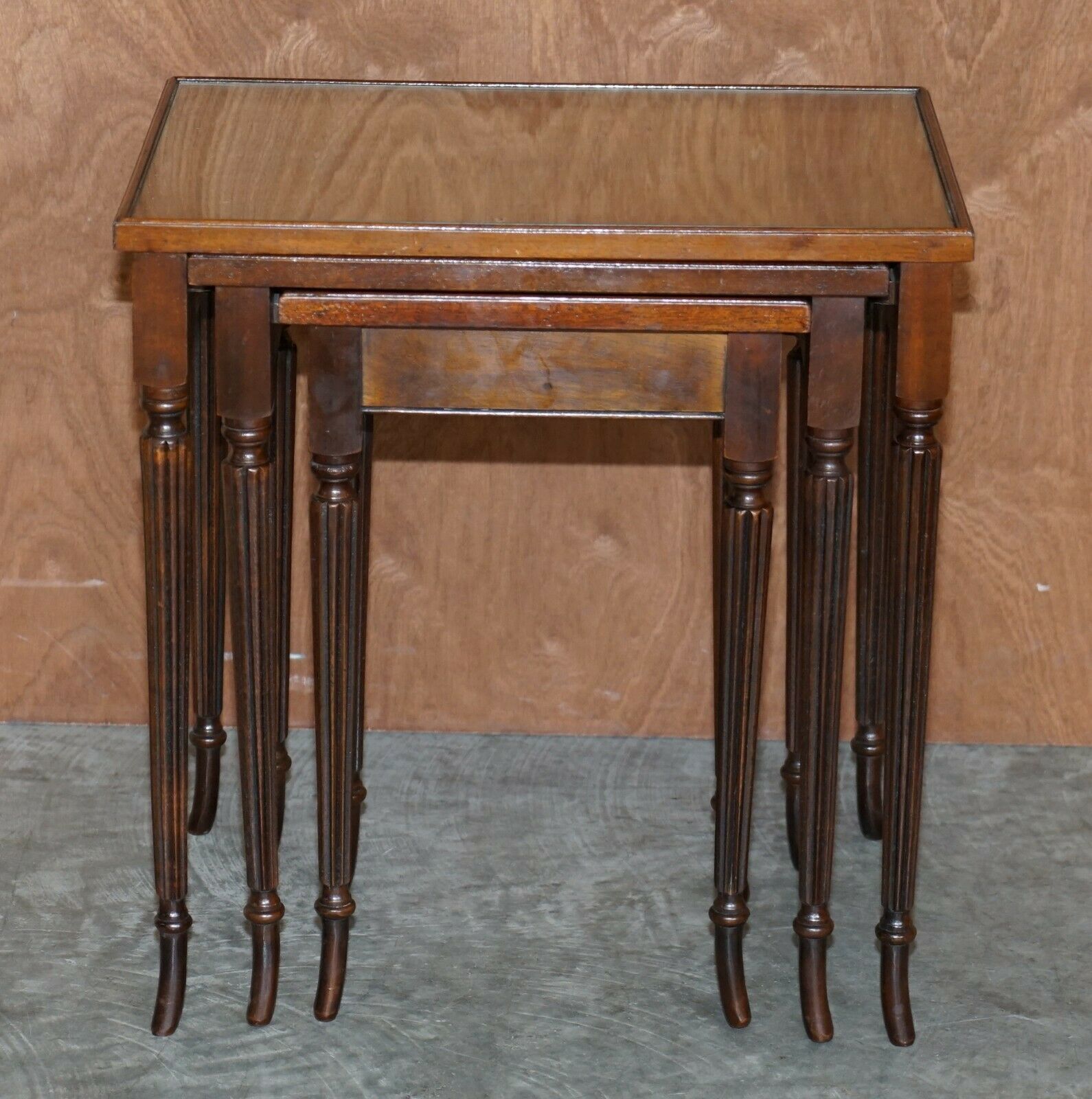 Vintage Nest Of Three Flamed Mahogany With Glass Tops Tables Ideal As Side End photo furniture