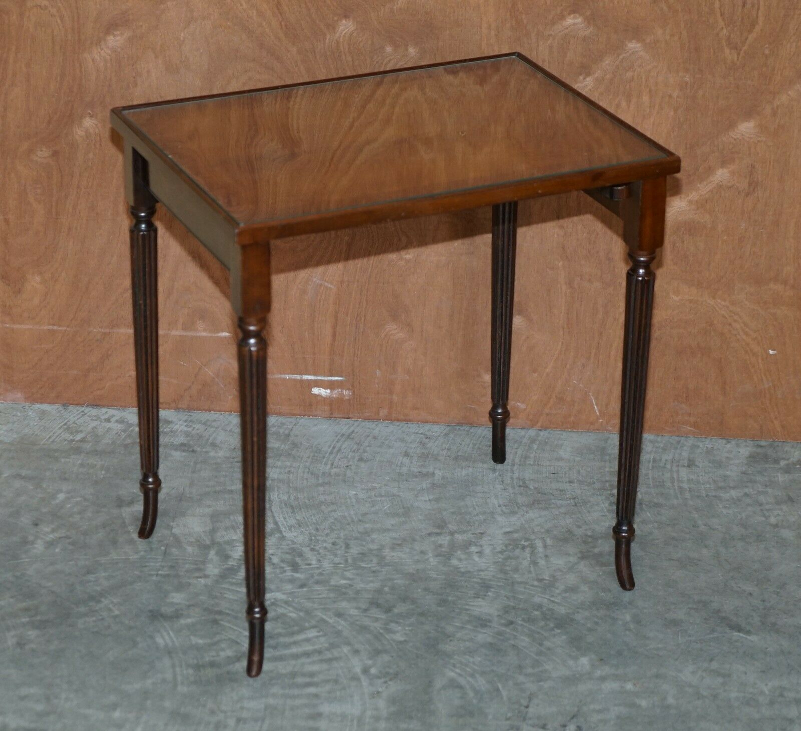 Vintage Nest Of Three Flamed Mahogany With Glass Tops Tables Ideal As Side End photo Furniture