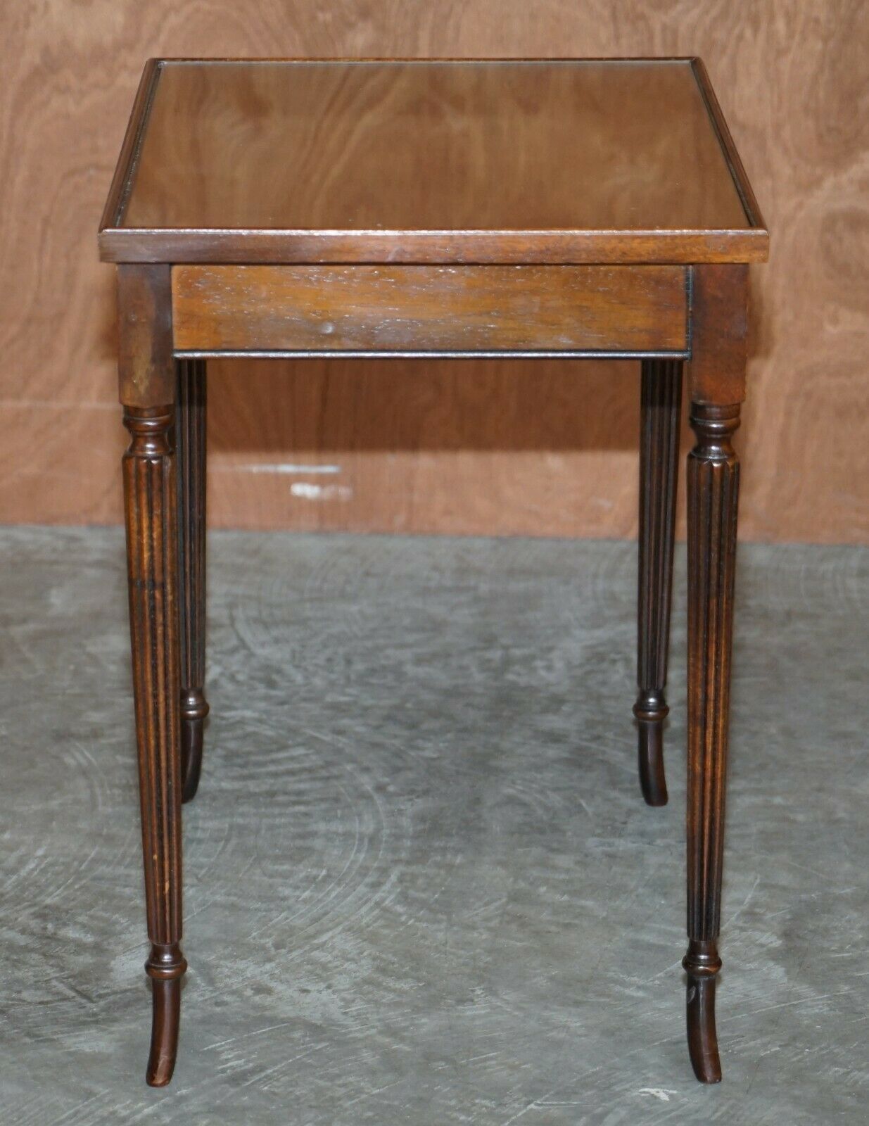 Vintage Nest Of Three Flamed Mahogany With Glass Tops Tables Ideal As Side End photo 600.0
