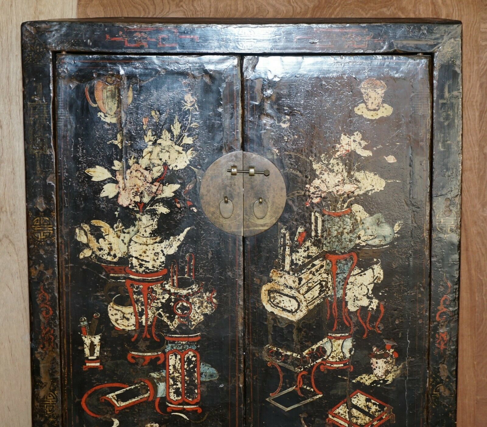 Antique Circa 1800 Chinese Hand Painted Wedding Cabinet Housekeepers Cupboard photo for sale