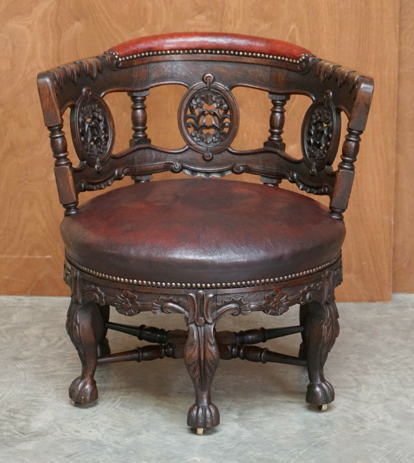 Antique Carved Victorian Oxblood Leather Burgermeister Chair 17th Century Design