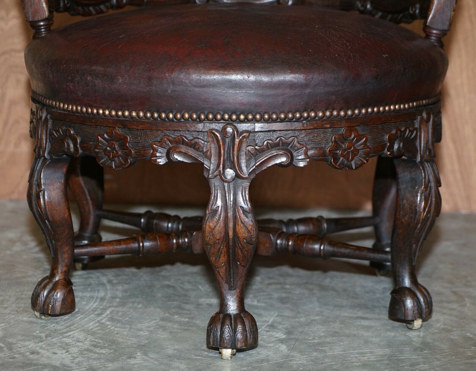 Antique Carved Victorian Oxblood Leather Burgermeister Chair 17th Century Design photo buy