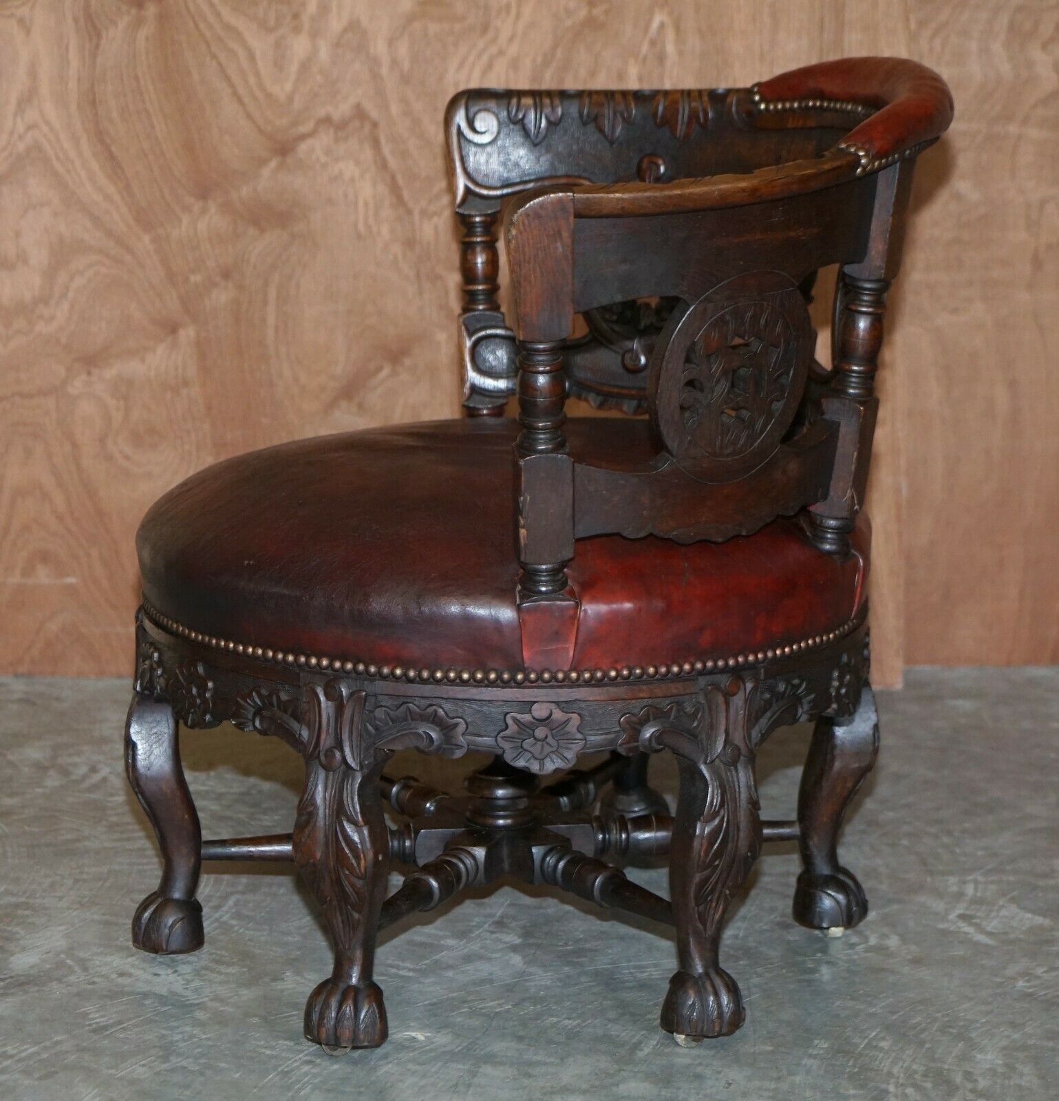 photo for sale Antique Carved Victorian Oxblood Leather Burgermeister Chair 17th Century Design