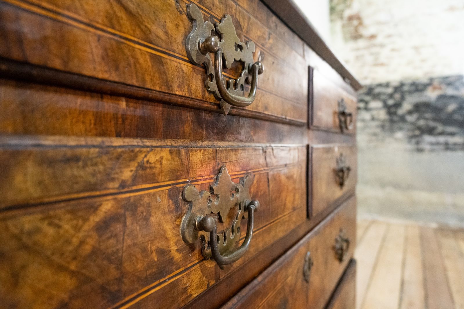 photo buy An 18th Century George I Walnut & Feather Banded Fall Front Bureau Bookcase