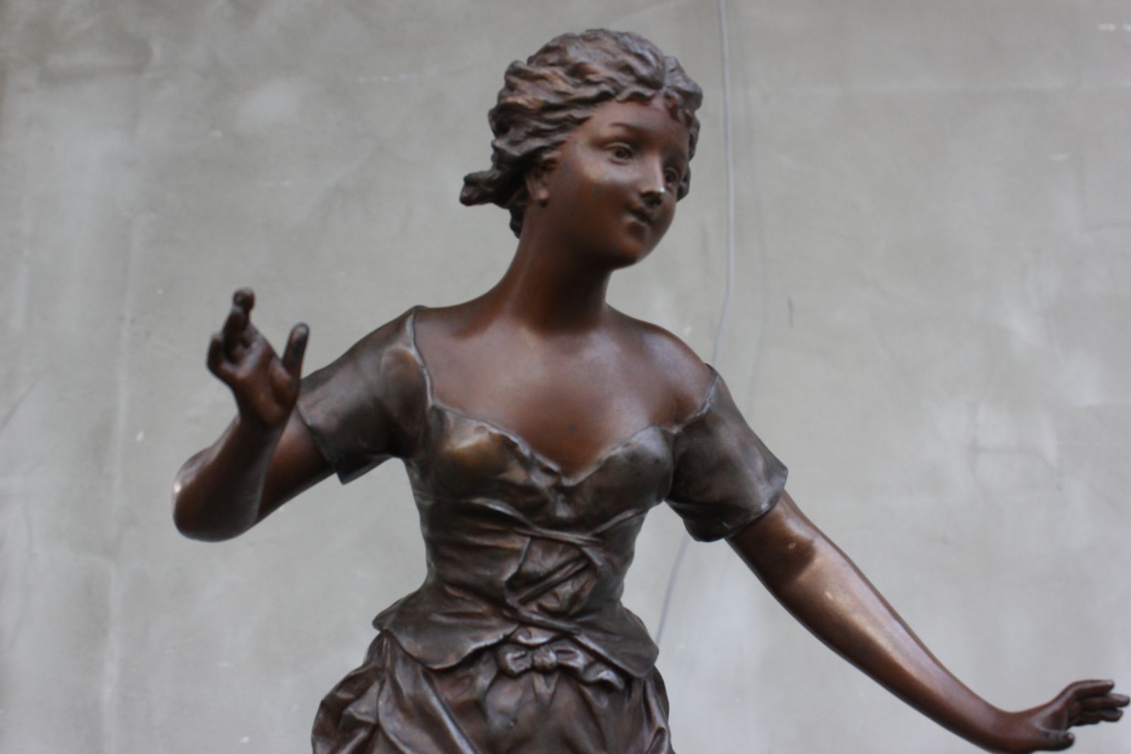 French Original Rancoulet Signed Statue Spelter Beautiful Girl On Wood Base photo for sale